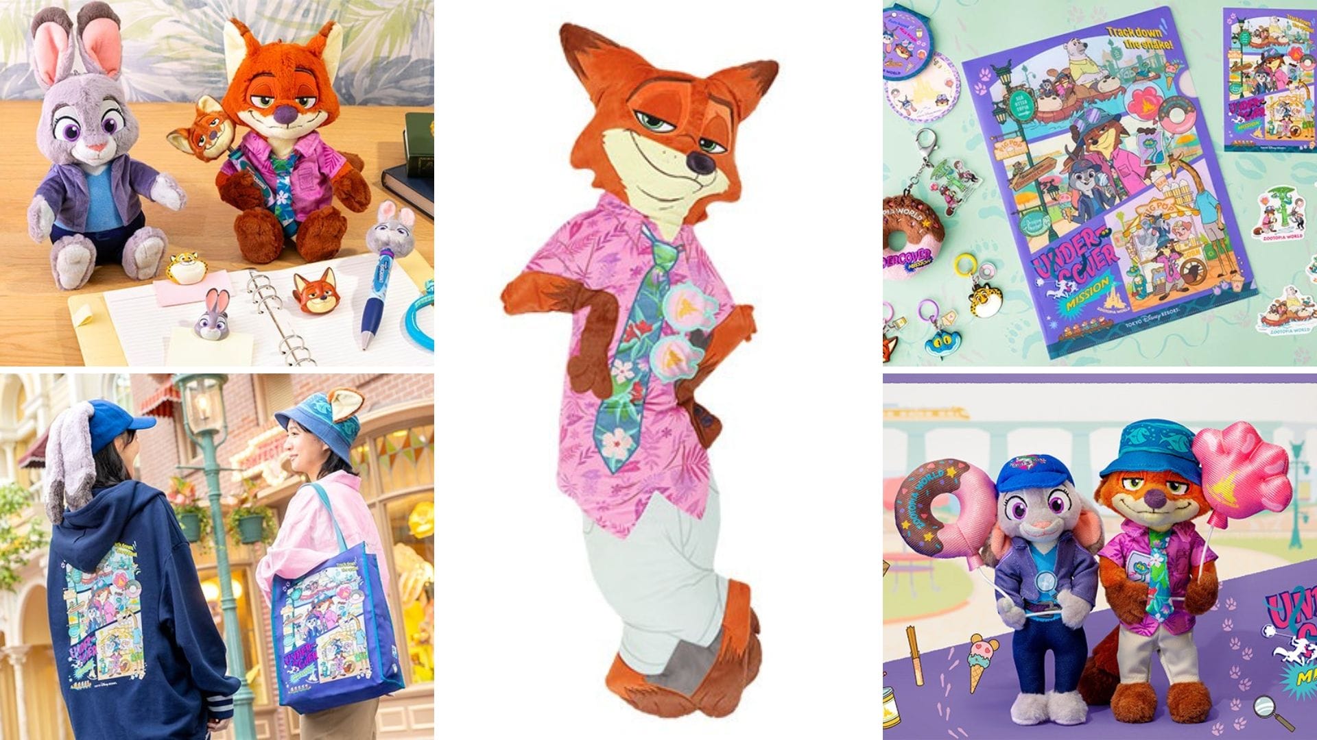 Collage of Zootopia-themed merchandise from Disney Parks: Nick Wilde pillow, plushies, keychains, apparel, posters, and art. No castle pictured.