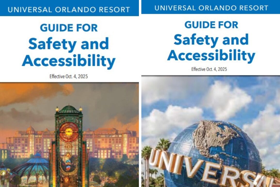 Two covers for Universal Orlando Resort's Safety and Accessibility Guide, featuring park scenes and the iconic Universal globe.
