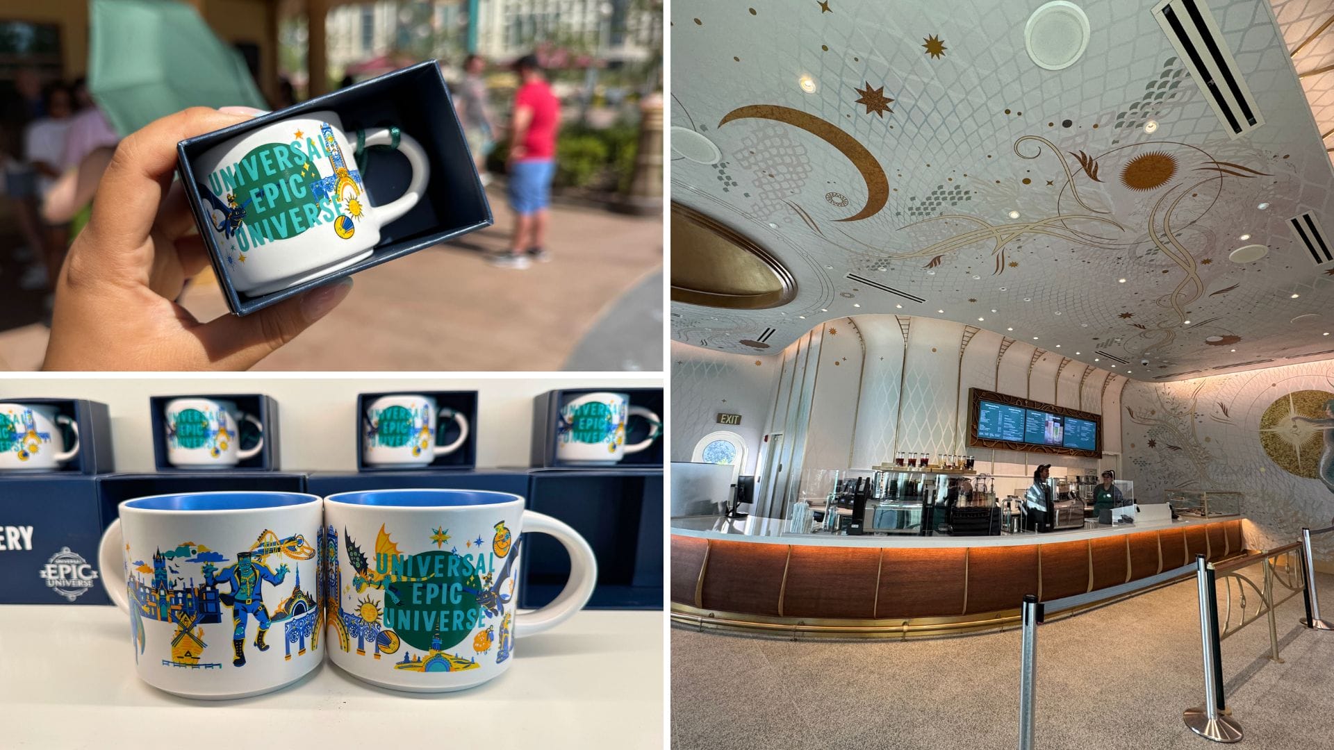 Collage of Epic Universe Starbucks, exclusive mugs, and a celestial-themed café, distinct from any Disney park castle interiors.