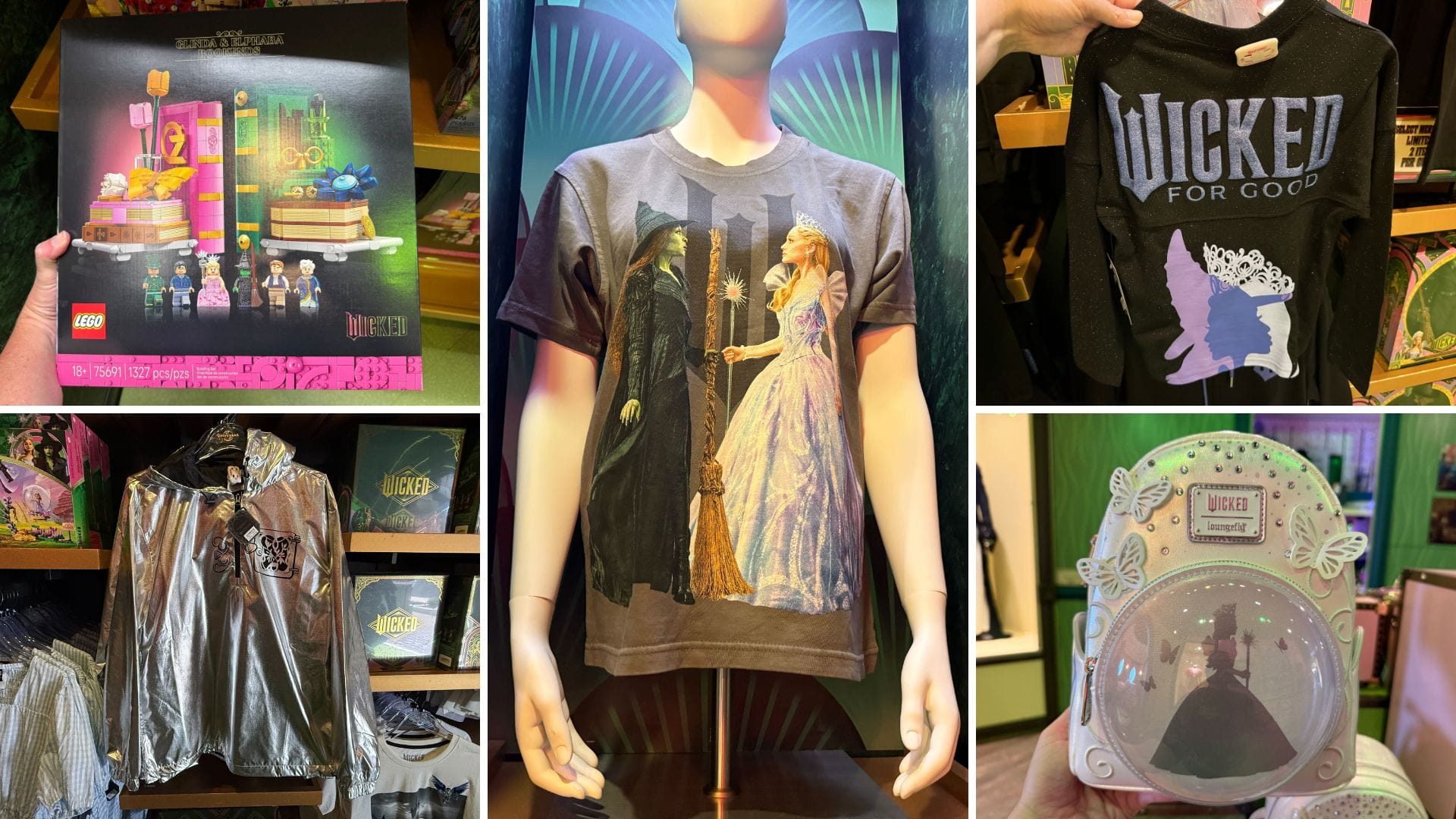 A collage of Wicked merchandise, prices, clothing, a LEGO set, and themed accessories at Universal Orlando—not Disney parks.