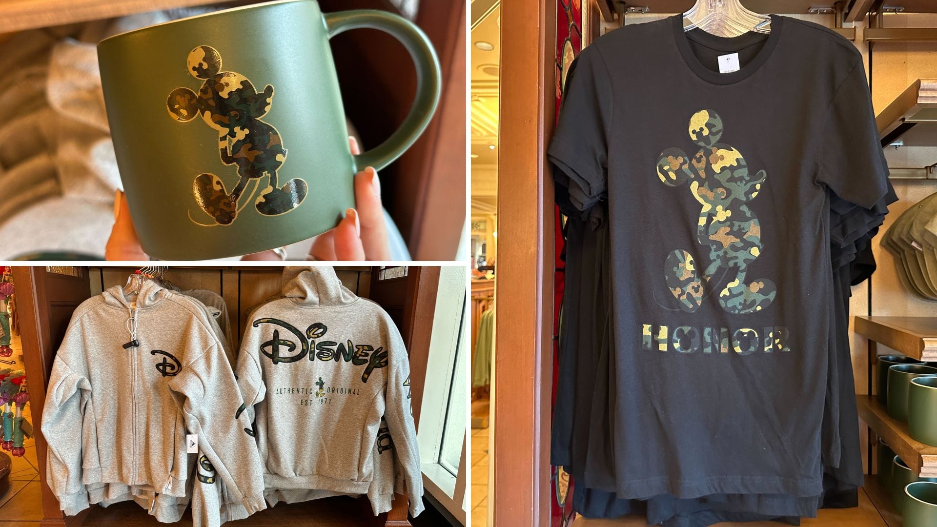 Shop display with Mickey Mouse camo mug and shirt, plus gray Walt Disney World hoodies, similar to park merchandise worldwide.