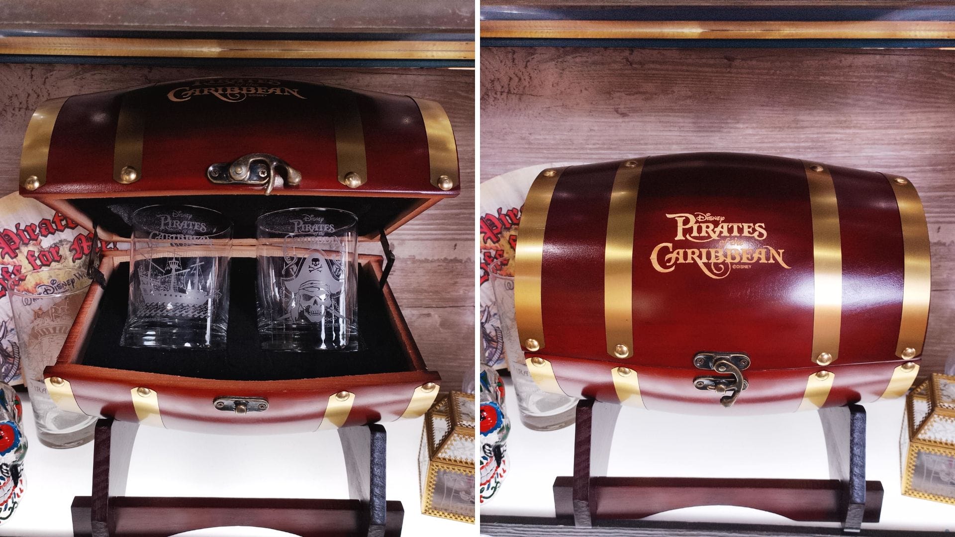 A treasure chest with the Pirates of the Caribbean logo, like those at Disney Parks, displays a souvenir glass set, open and closed.