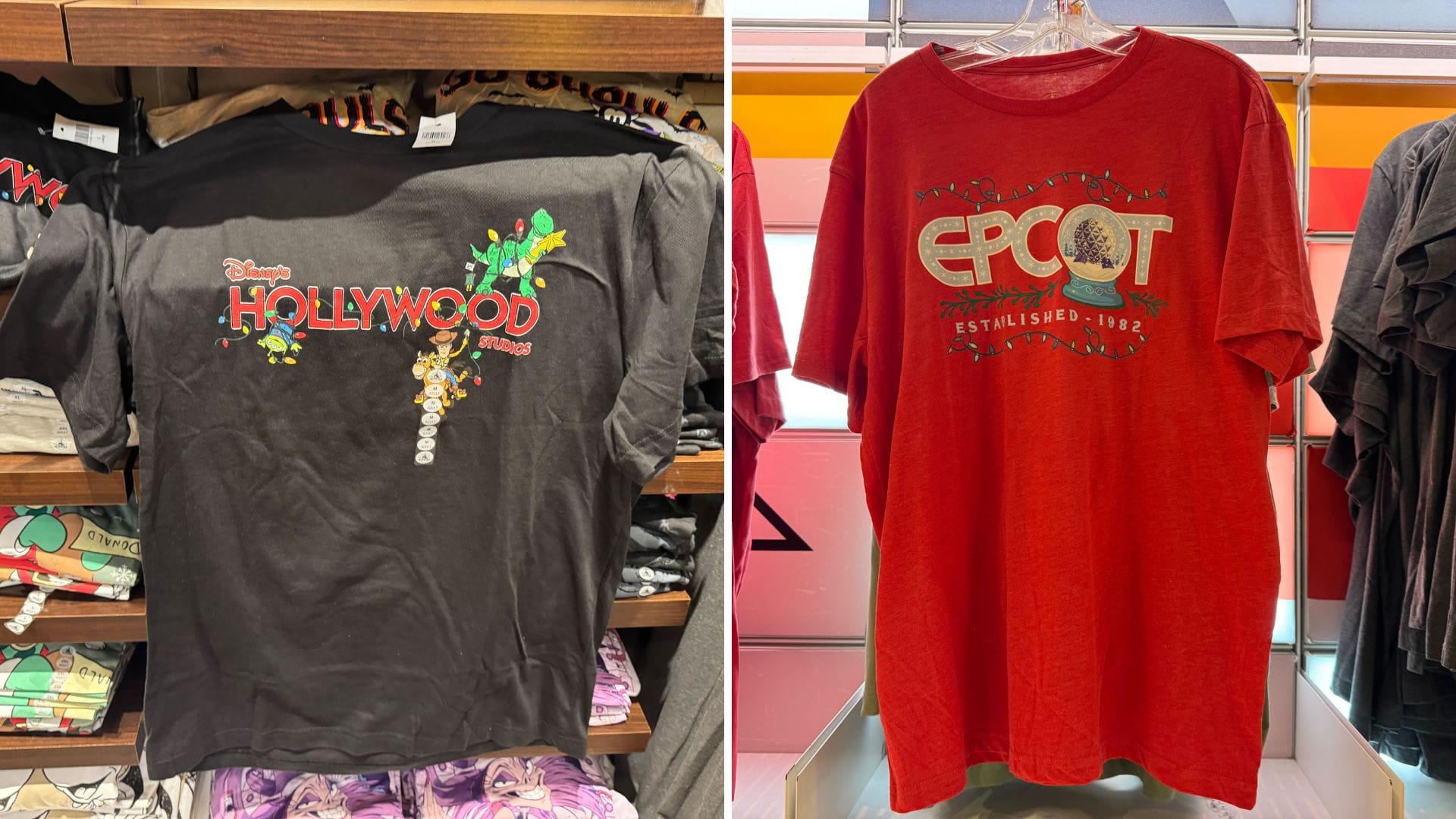 Black Disney's Hollywood Studios holiday shirt and red EPCOT shirt on racks, iconic park apparel at a Walt Disney World shop.