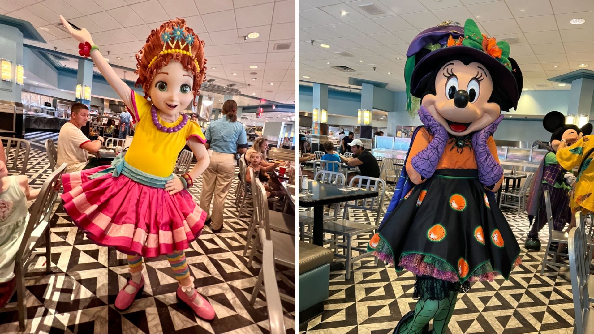 Two guests in vibrant costumes pose at Minnie's Seasonal Dining, Hollywood & Vine, Disney's Hollywood Studios—no castle pictured.