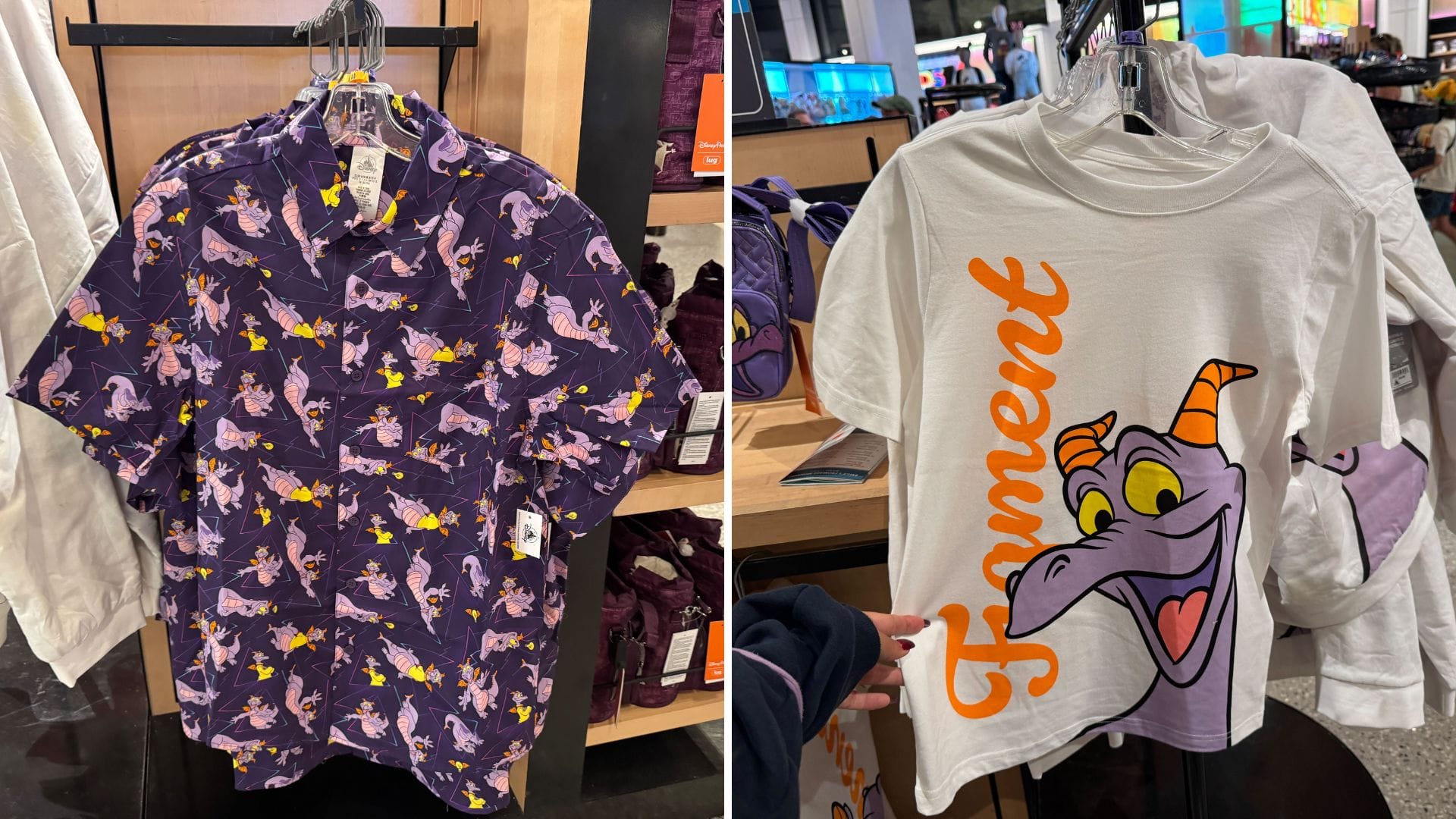 A purple button-up and a white T-shirt with Figment, the beloved EPCOT dragon, are displayed at a Walt Disney World shop.