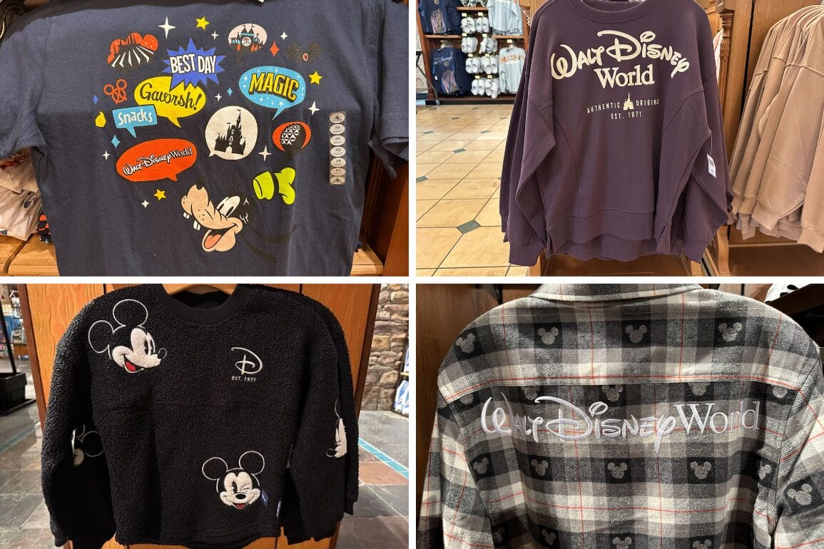 Collage of four Disney World sweaters on racks, featuring a Fluffy Spirit Jersey and Mickey Flannel, from a Walt Disney Park shop.
