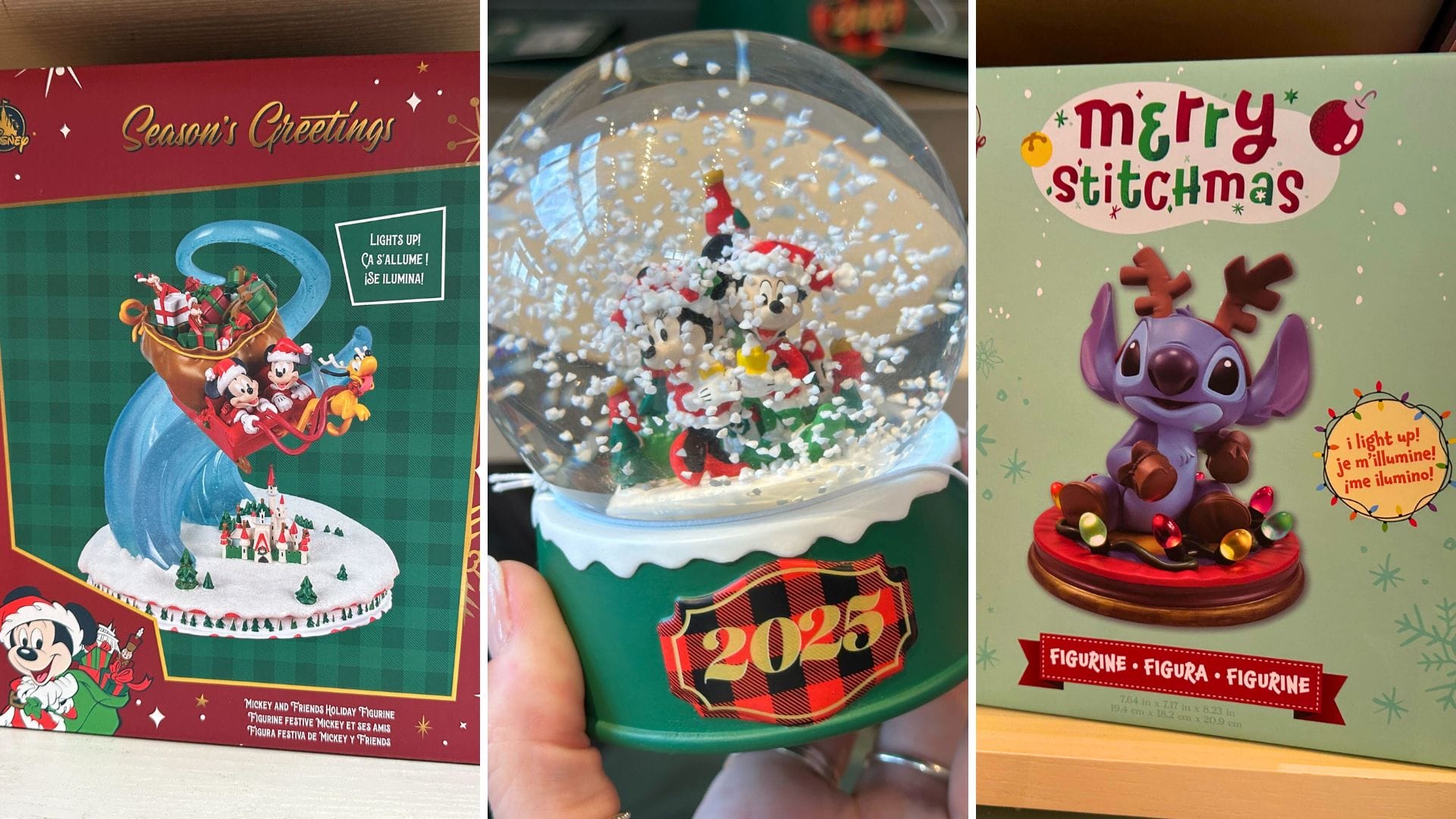 Disney Christmas figures: Mickey sleigh, Minnie snow globe (2023), and Stitch as festive reindeer—no parks castle featured.