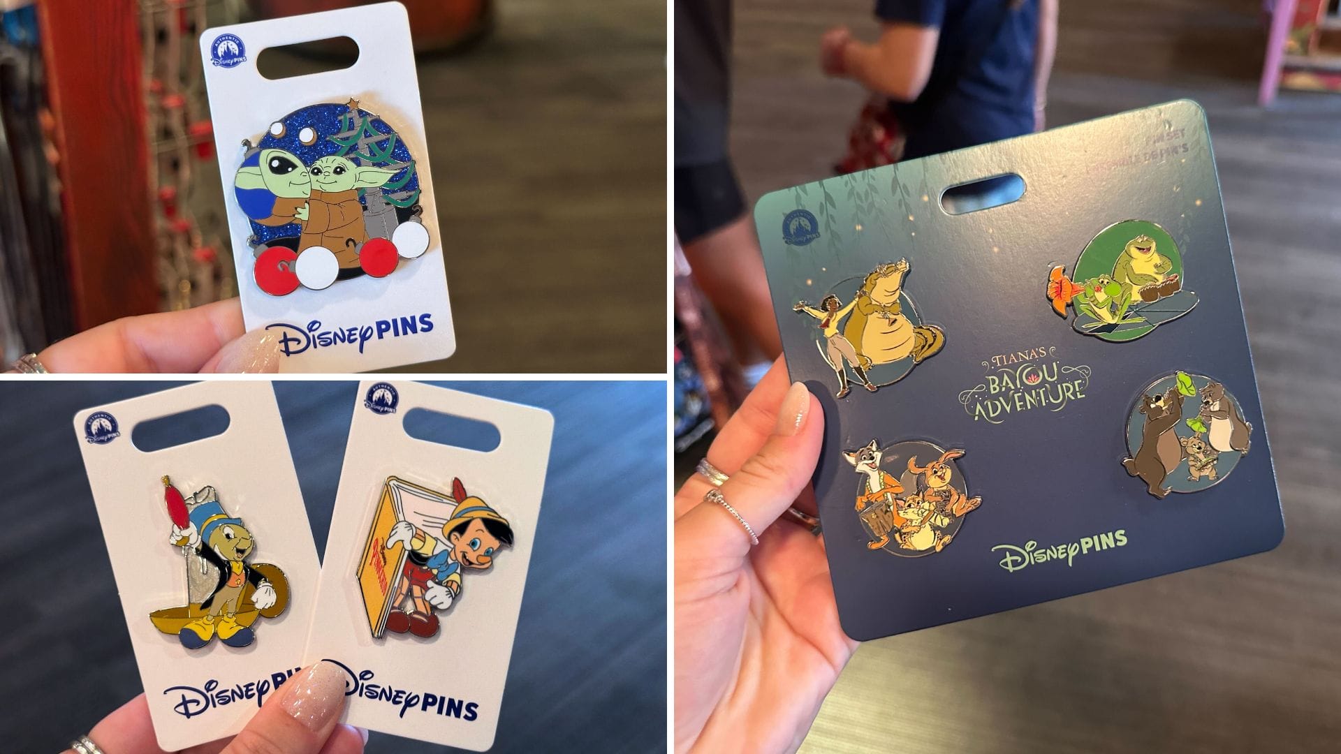 Three Disney Parks pin sets—Grogu Christmas, Pinocchio, and Tiana’s Bayou Adventure—shown in hand; no castles present.