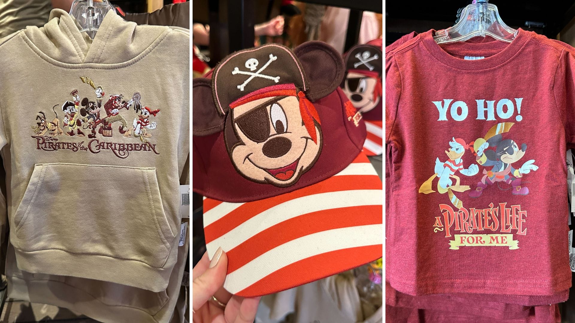 Three Disney World pirate kids’ items—hoodie, Pirate Mickey hat, and “Yo Ho! Pirate Life” tee—no castle pictured here.