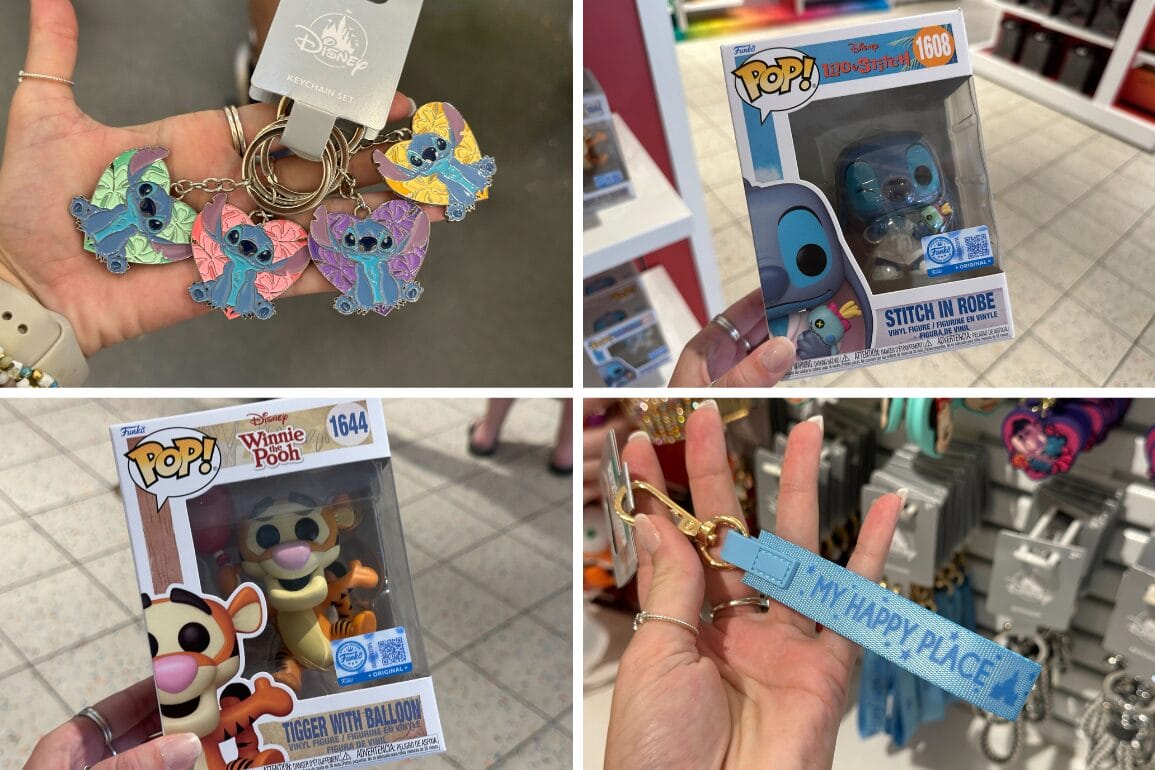 Four Disney Springs shop images: Tropical Heart Stitch keychain, various Funko Pop!s, and Tigger items. No castle pictured.