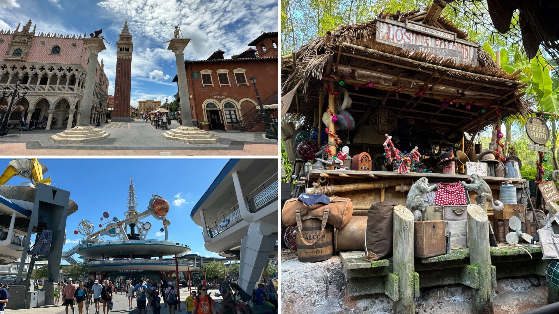 A collage of Disney park scenes: a bustling plaza, futuristic sci-fi zone, and jungle post with props—no castle pictured for comparison.