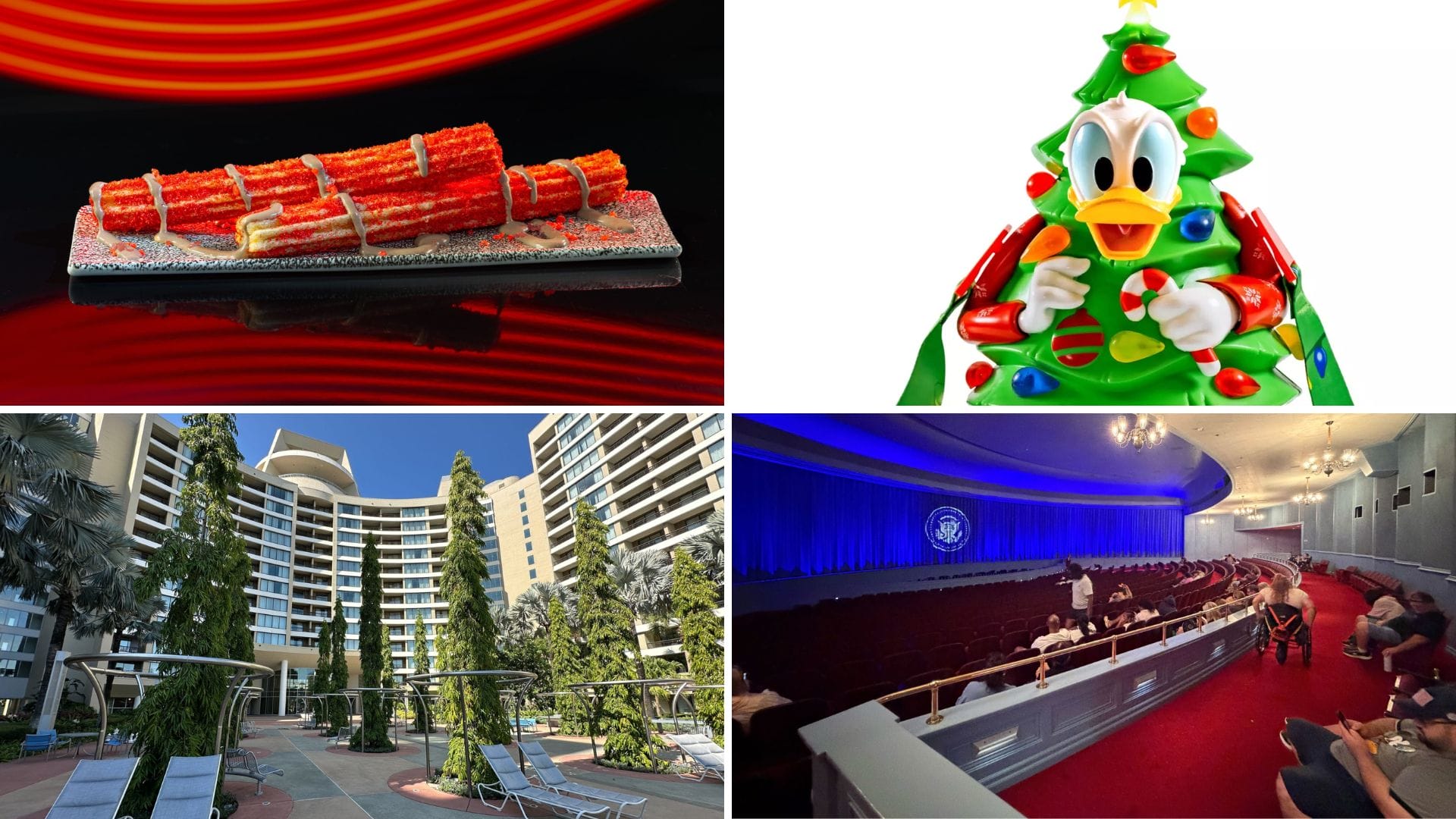 A whimsical Disney dessert, a festive Christmas Tree Sipper, a sleek resort hotel, and a theater with blue lights and red seats.