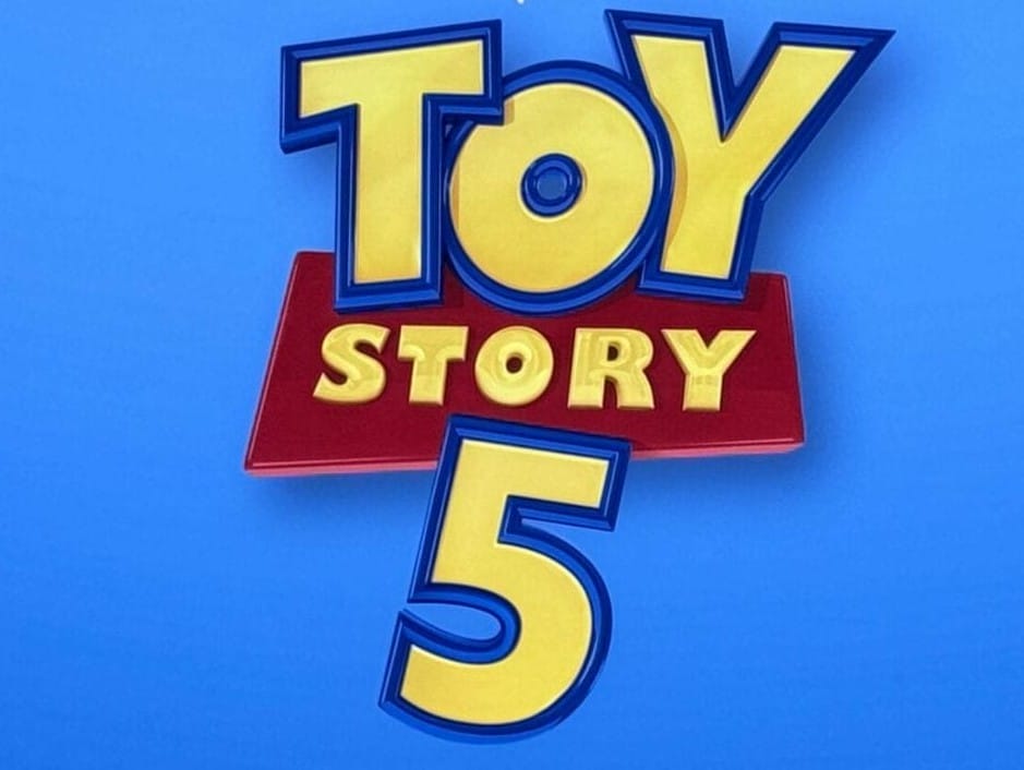 The Toy Story 5 logo in yellow and blue on a blue backdrop, showing Woody and Buzz—no Disney castle like those in the parks.