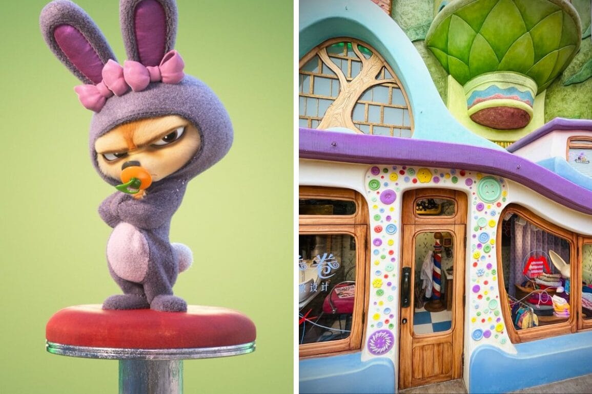 Left: Grumpy Finnick in a bunny costume with a pacifier; Right: Colorful, whimsical shop at Shanghai Disneyland.