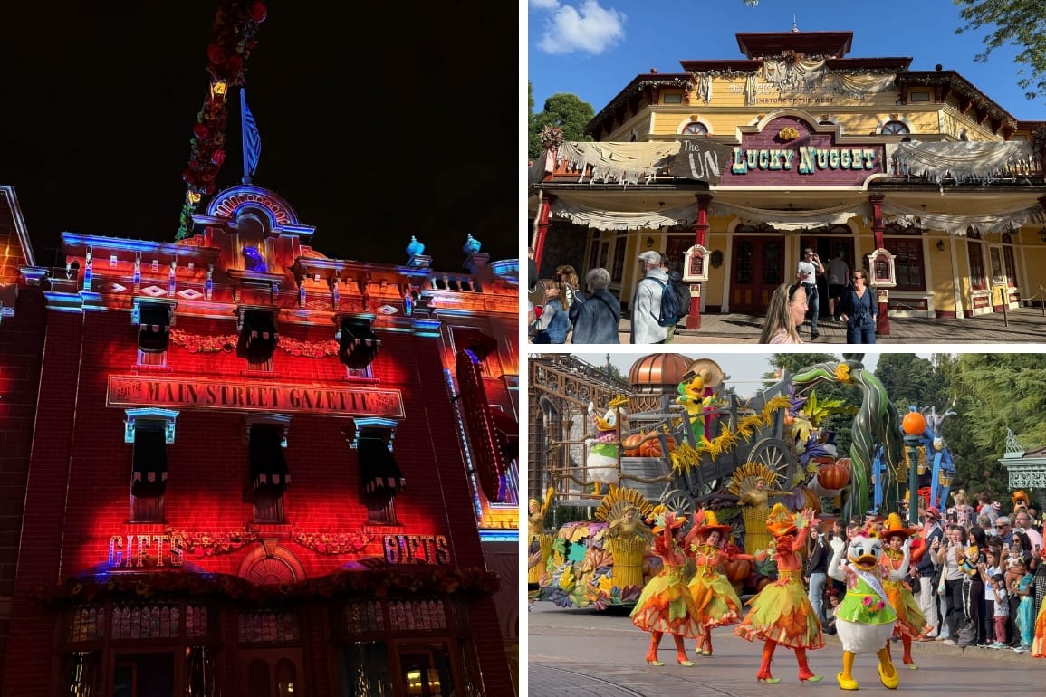 Collage of Disneyland Paris Halloween lights, a Western restaurant, and the vibrant 2026 parade—Paris castle distinct from Orlando.