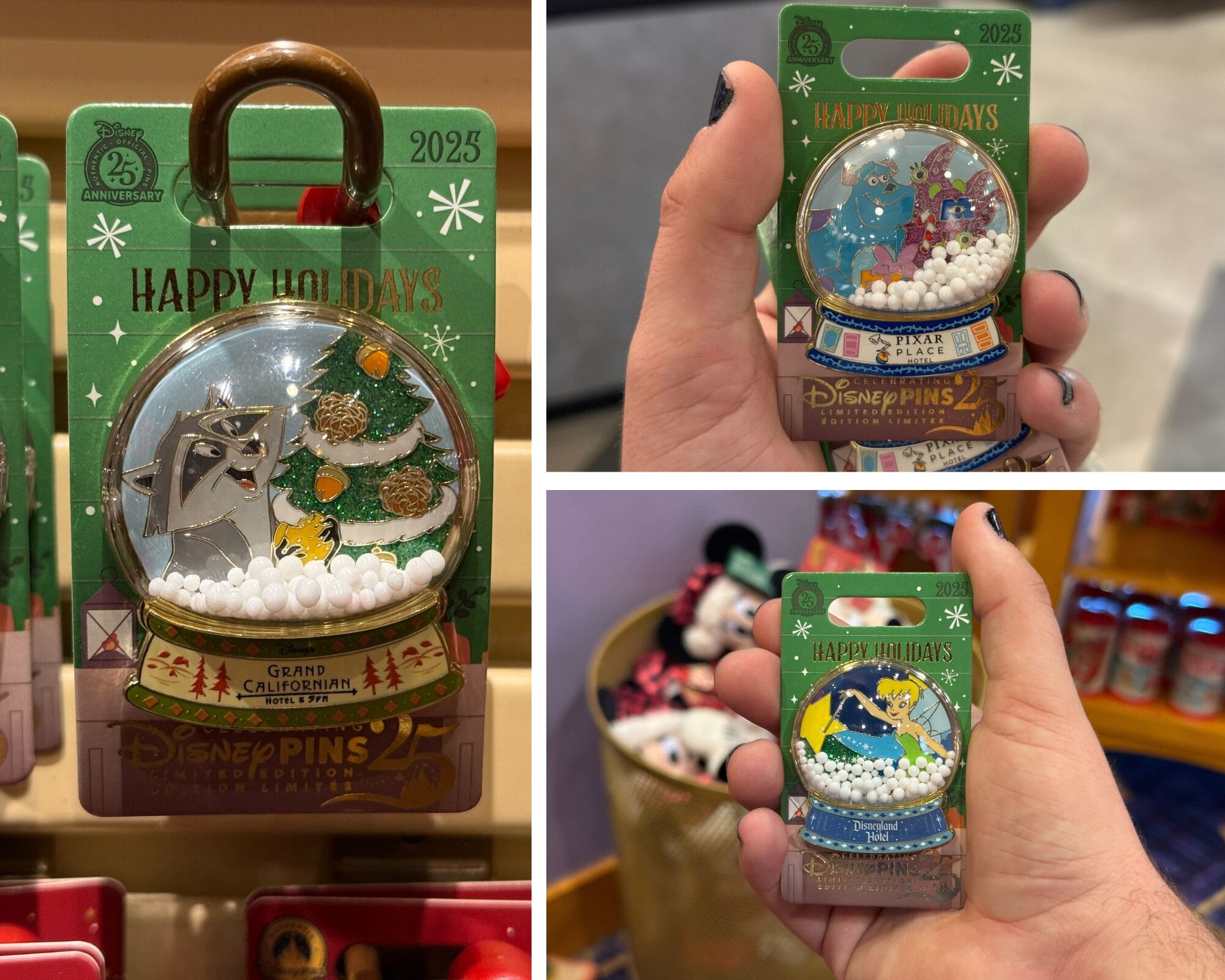 Three Disneyland Resort Hotel pins in packaging, each with snow, characters, and holiday scenes—no castle shown to compare.