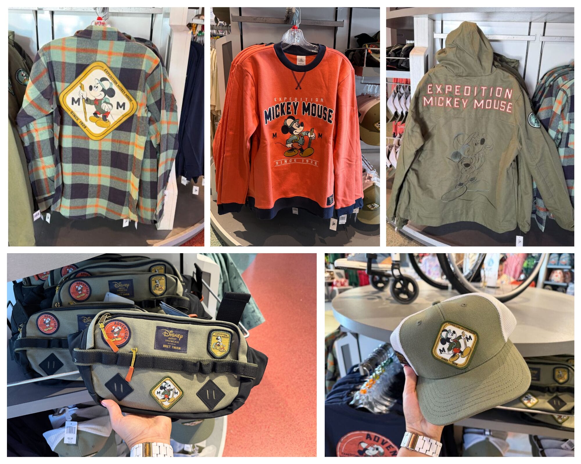 Expedition Mickey Mouse shirts, jacket, bags, and hat on display at a Disney park; castle style not visible for comparison.