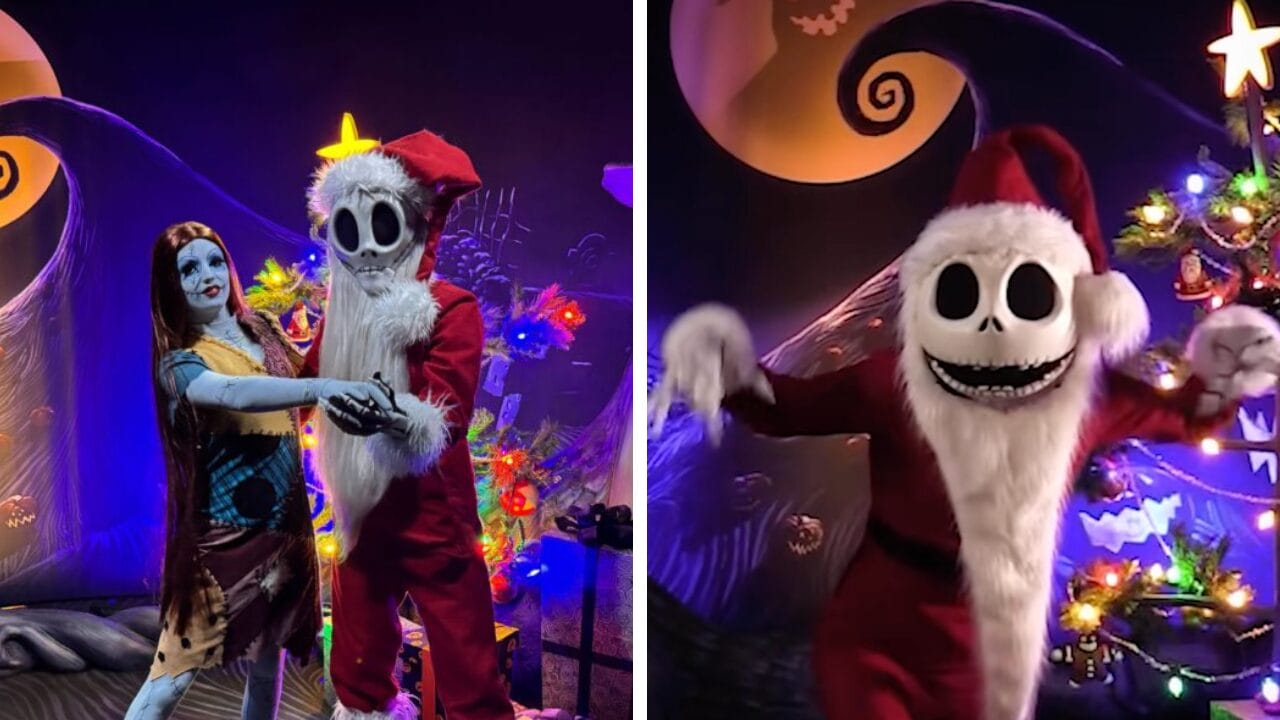 Jack Skellington and Sally in Santa outfits stand by a spooky Disney holiday tree at a park meet & greet, no castle in sight.