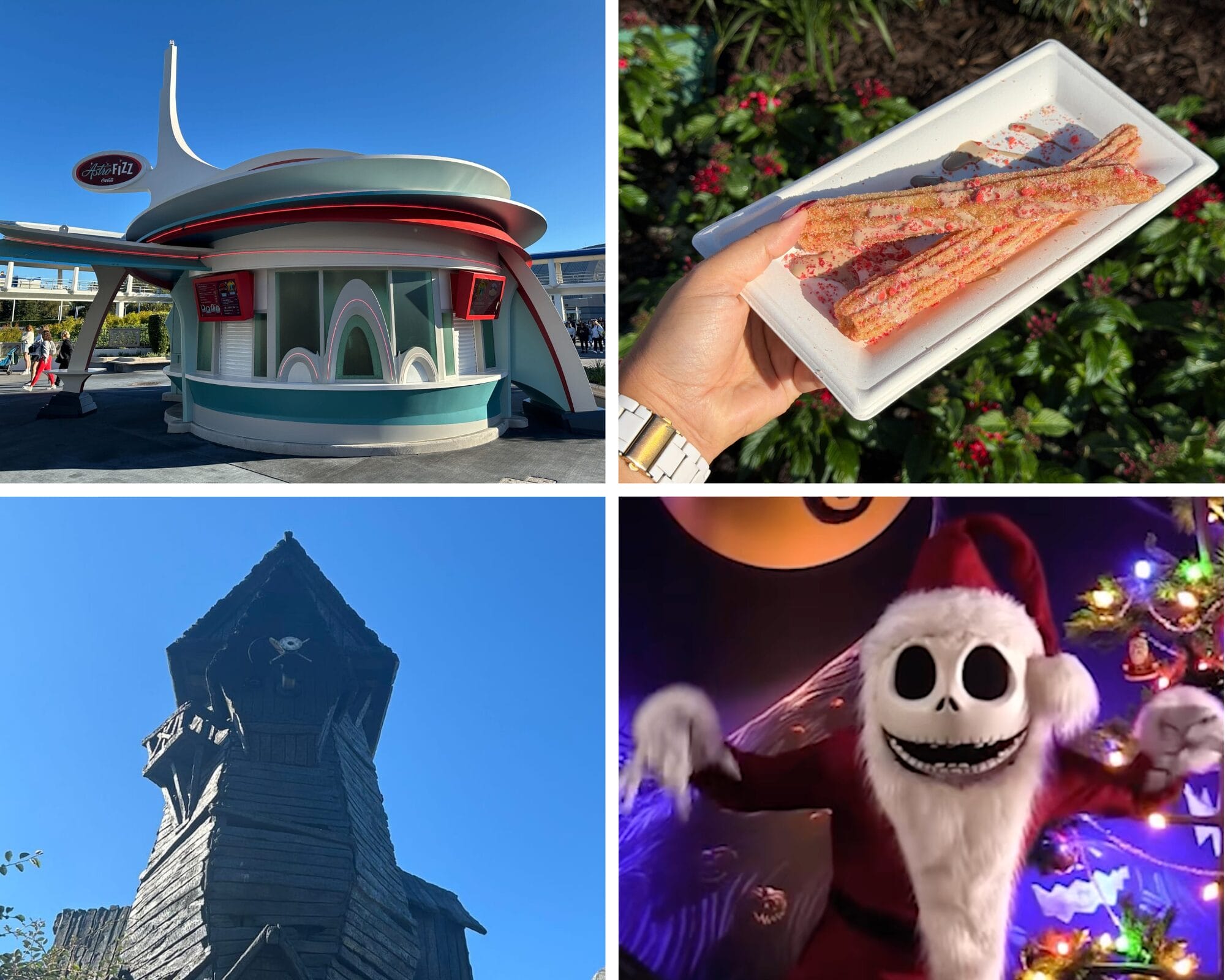 A Disney Parks daily recap collage with a retro diner, churros, a wooden tower, and Jack Skellington Santa. No castle today!