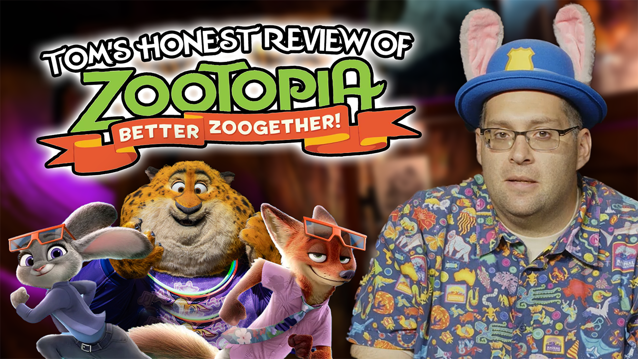 A man in bunny ears poses with Zootopia characters at Disney’s Animal Kingdom for Tom's review: Better Zoogether! No castle shown.