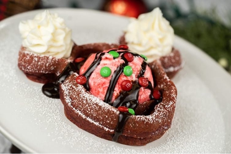 In 2024, Disney offered a red velvet waffle sundae during Mickey's Very Merry Christmas Party.