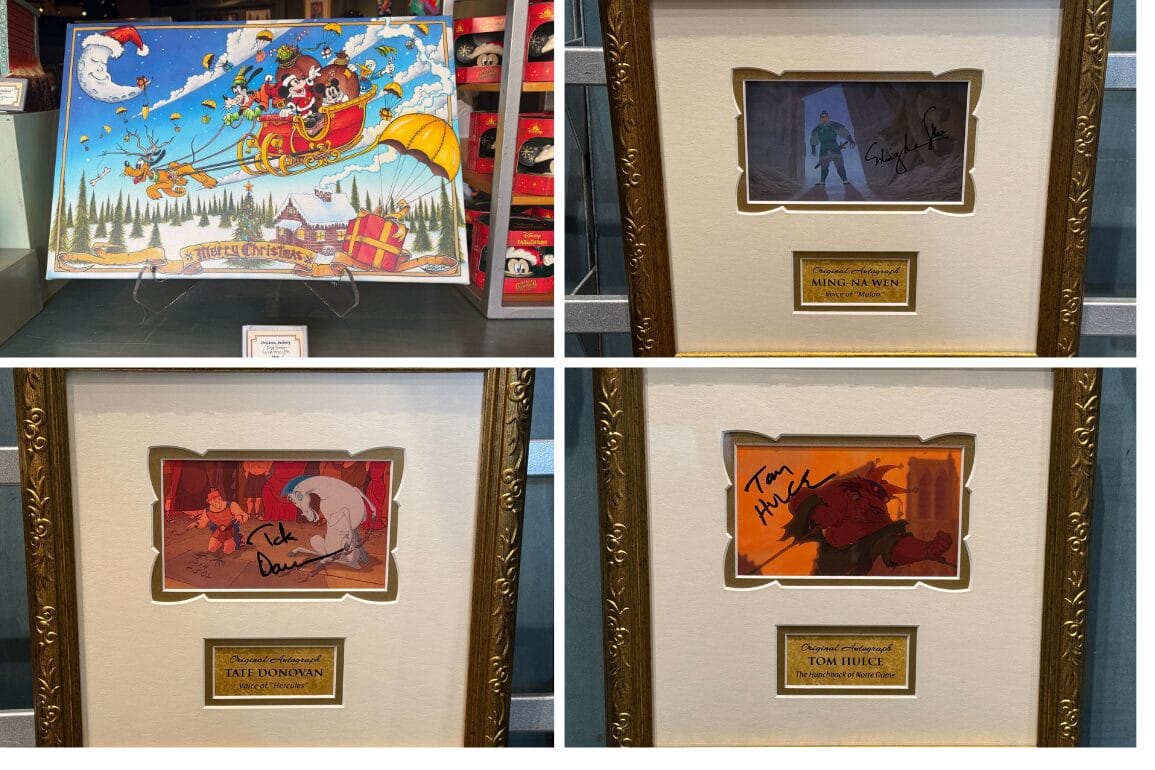Collage of new Christmas and autographed artwork found at the Disneyland Resort.