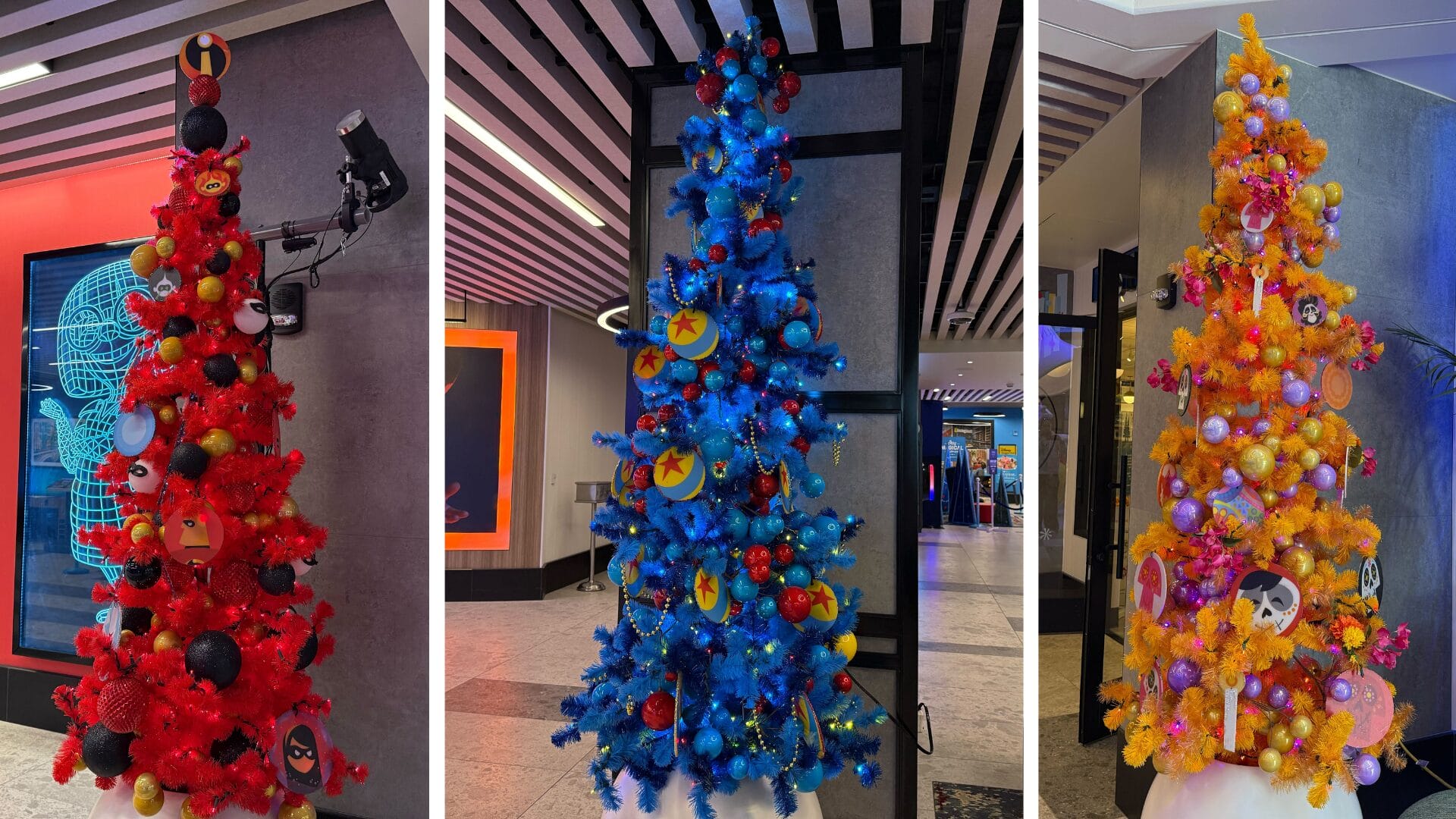 Incredibles, Luxo Ball, and Coco-themed Christmas trees spotted at the Pixar Place Hotel.