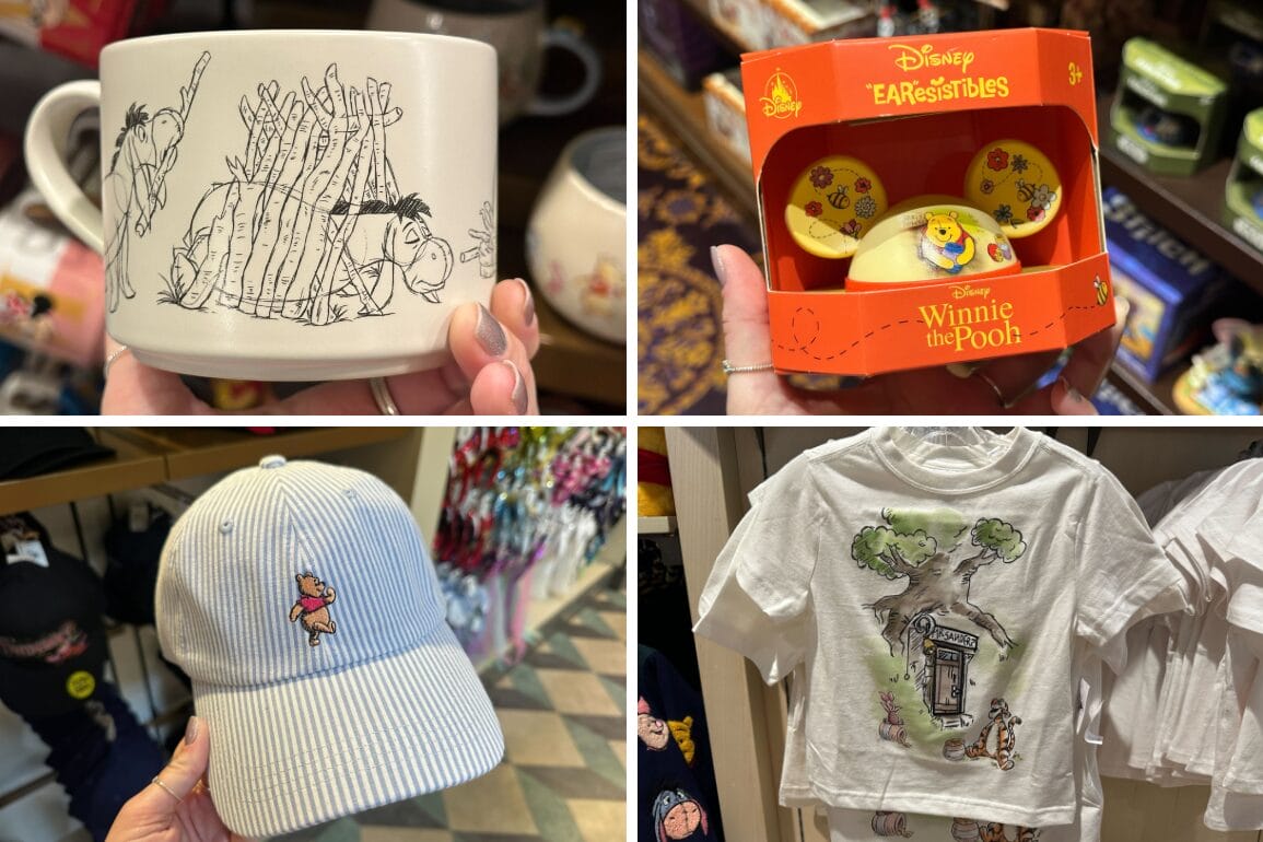Collage image of new Winnie the Pooh merchandise now available at Walt Disney World, including a mug, an EAResistible collectible, a hat, and a youth shirt.