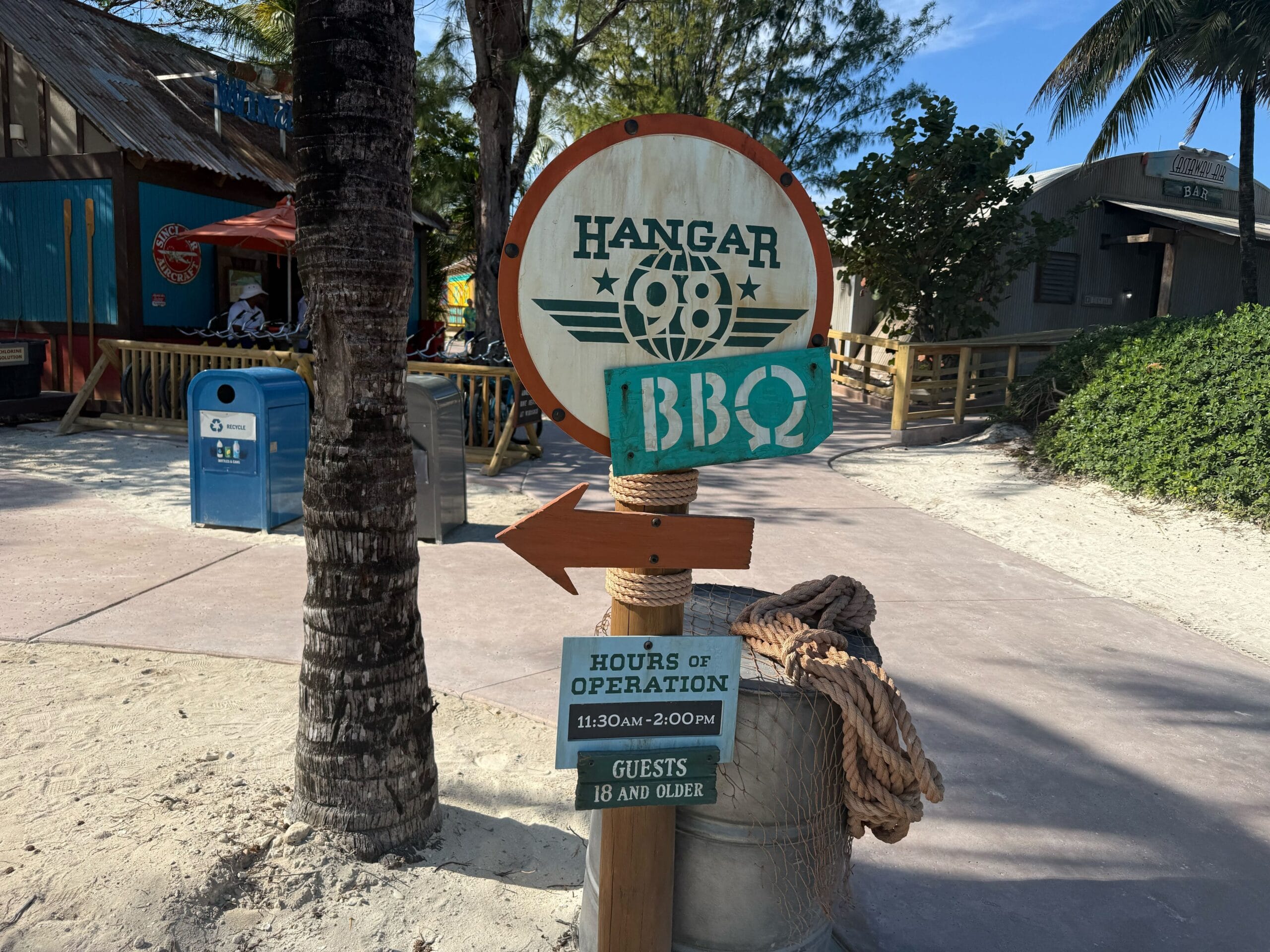 Hangar Bay BBQ is open from 11:30 a.m. to 2 p.m. exclusively to guests 18 and older. It's located right next to the Castaway Air Bar and the new cabanas.
