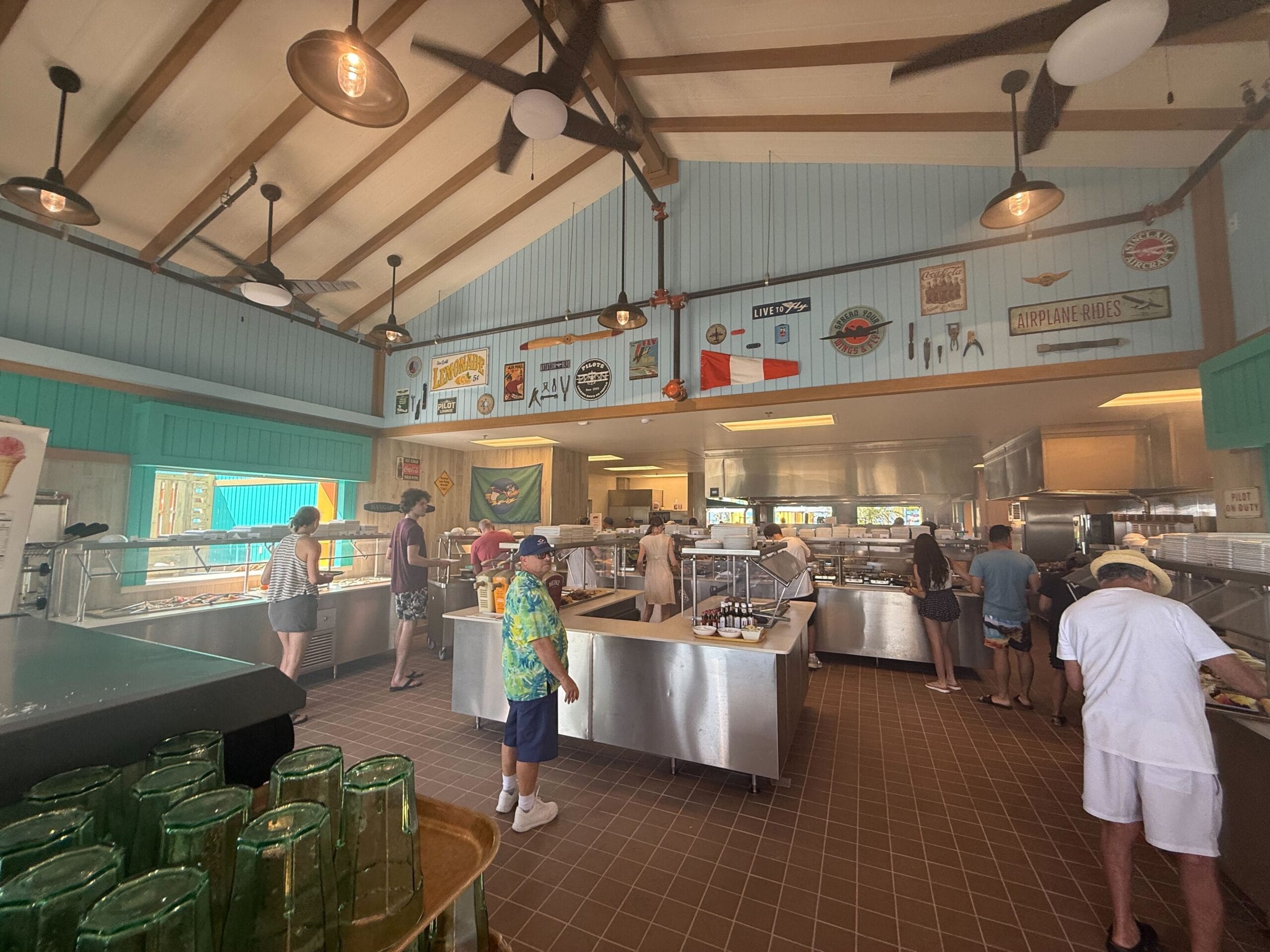 Inside the building is a buffet of food and drinks.