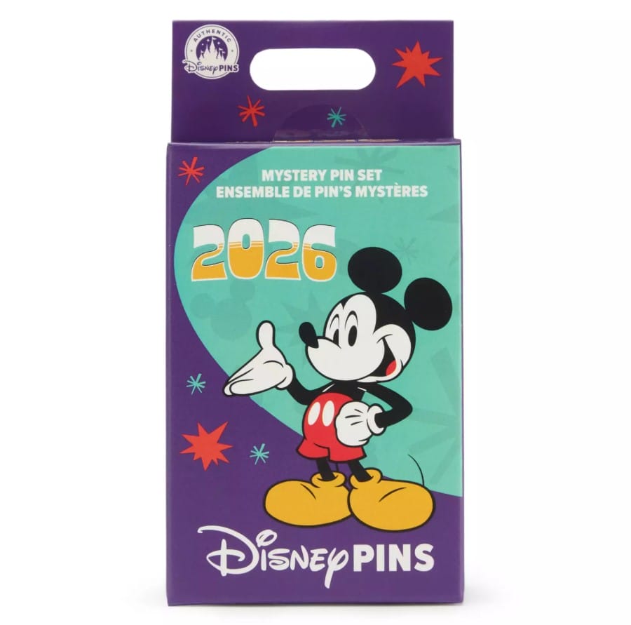 The pins come in purple and teal box with Mickey on the front.