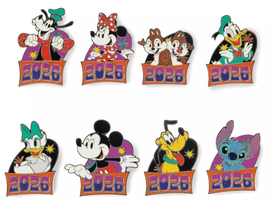 The entire series includes Mickey Mouse, Minnie Mouse, Donald Duck, Daisy Duck, Pluto, Goofy, Chip 'n Dale, and Stitch – each with 2026 banner.