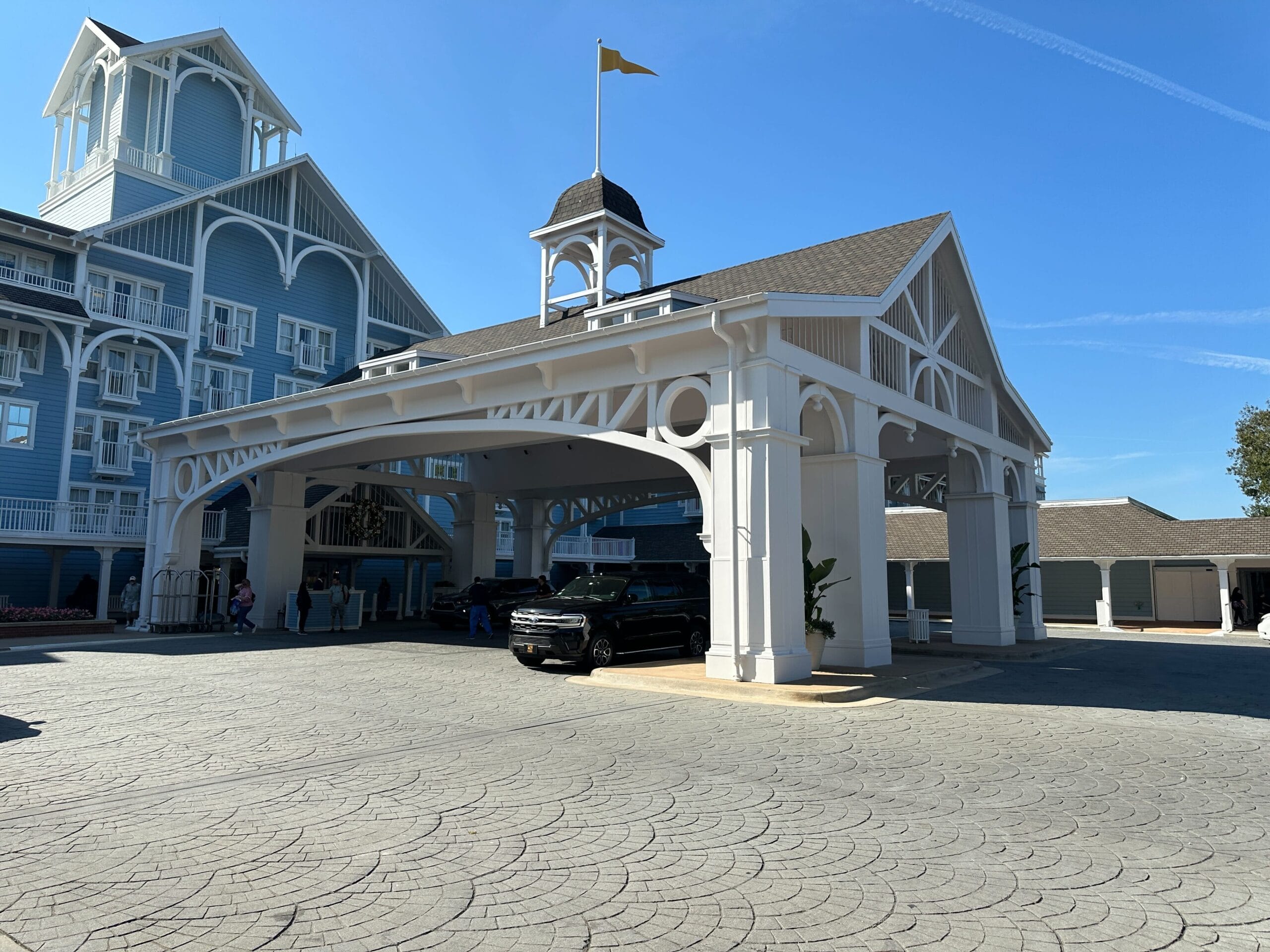 Construction is done on the porte cochere at the main entrance of Disney's Beach Club Resort.