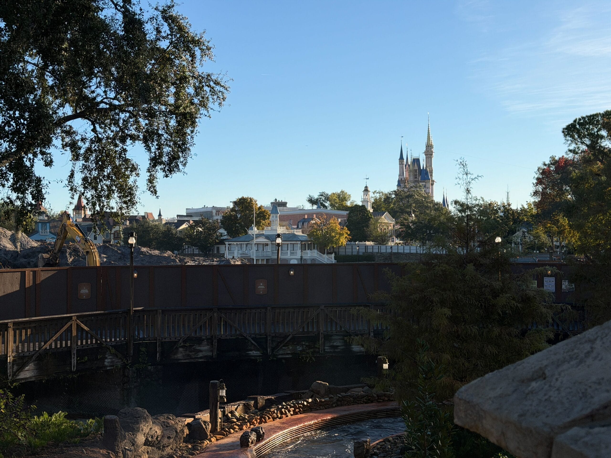 Construction walls run all the way around the former river, but guests can see the demolition/construction zone from certain vantage points.