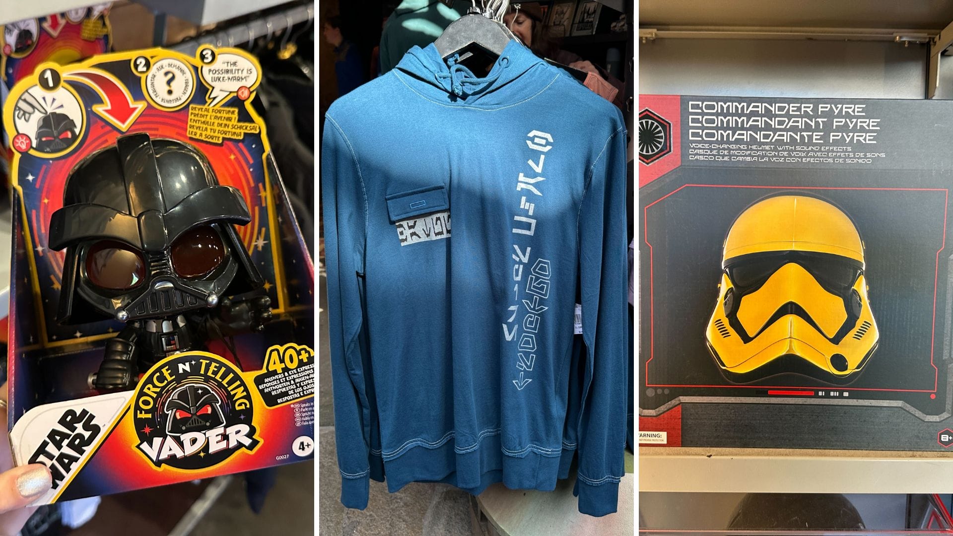 Darth Vader Fortune Telling Toy, Commander Pyre Helmet, and Black Spire Apparel at Disney World