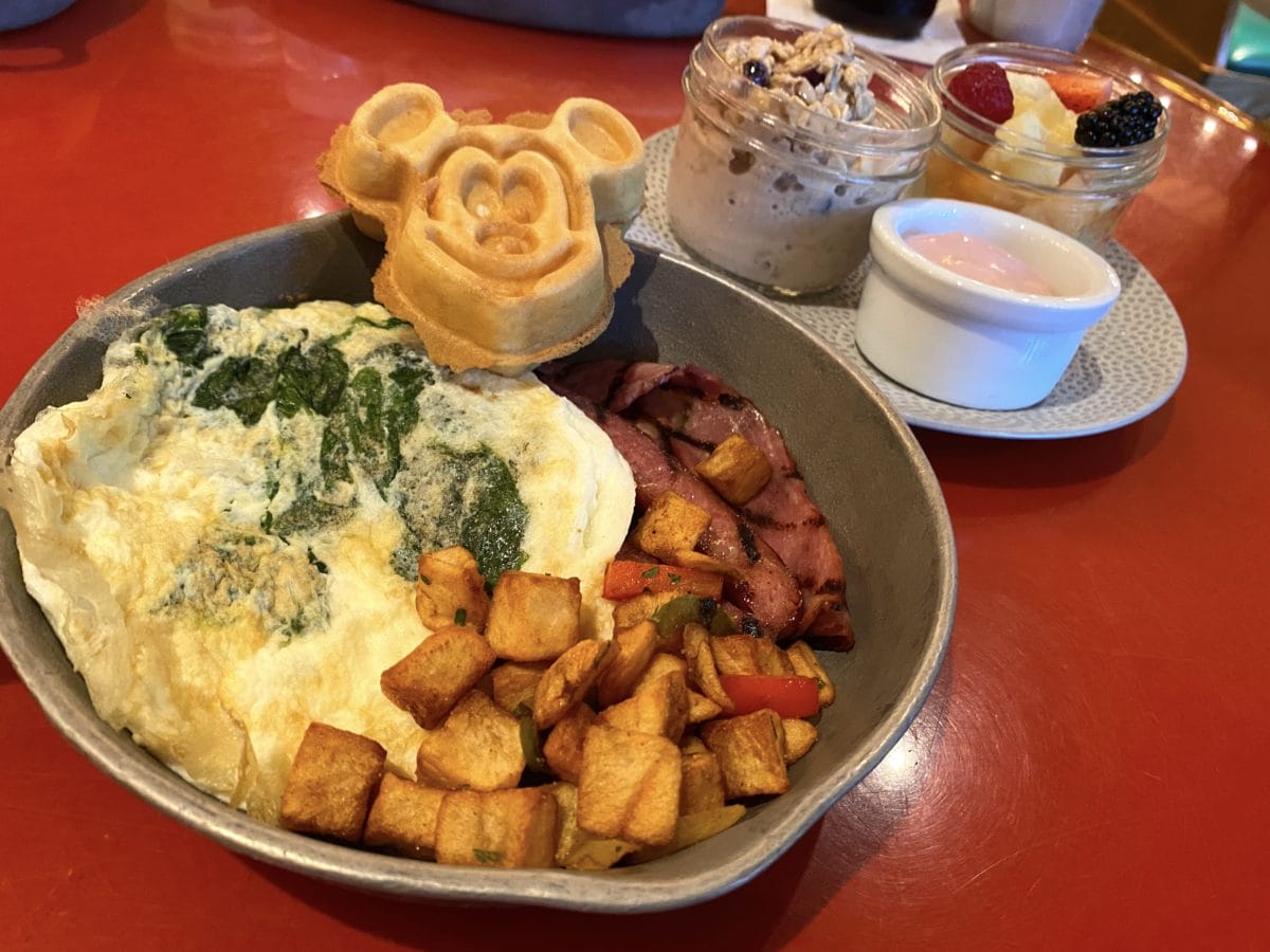 Whispering Canyon Café has Mickey waffles as part of The Heritage Skillet and The Lighter Side Skillet.
