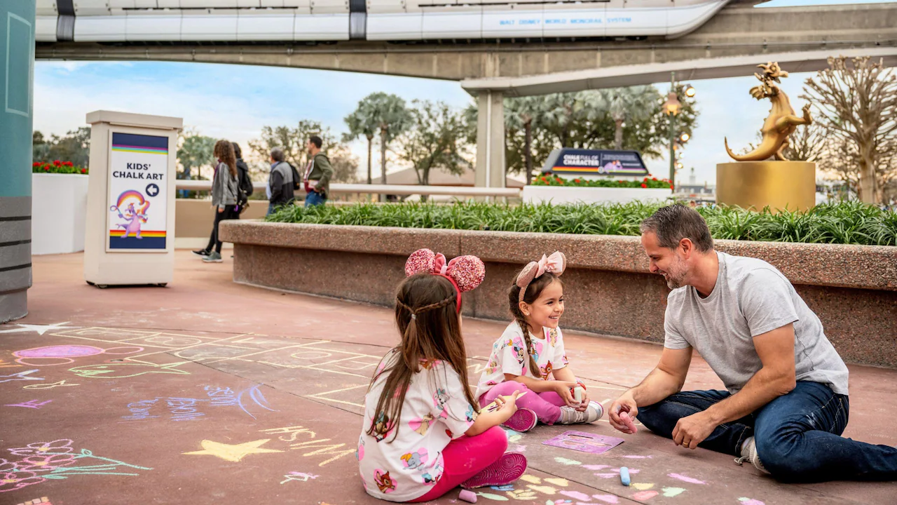 A man and 2 girls using sidewalk chalk to decorate a pavilion underneath the monorail