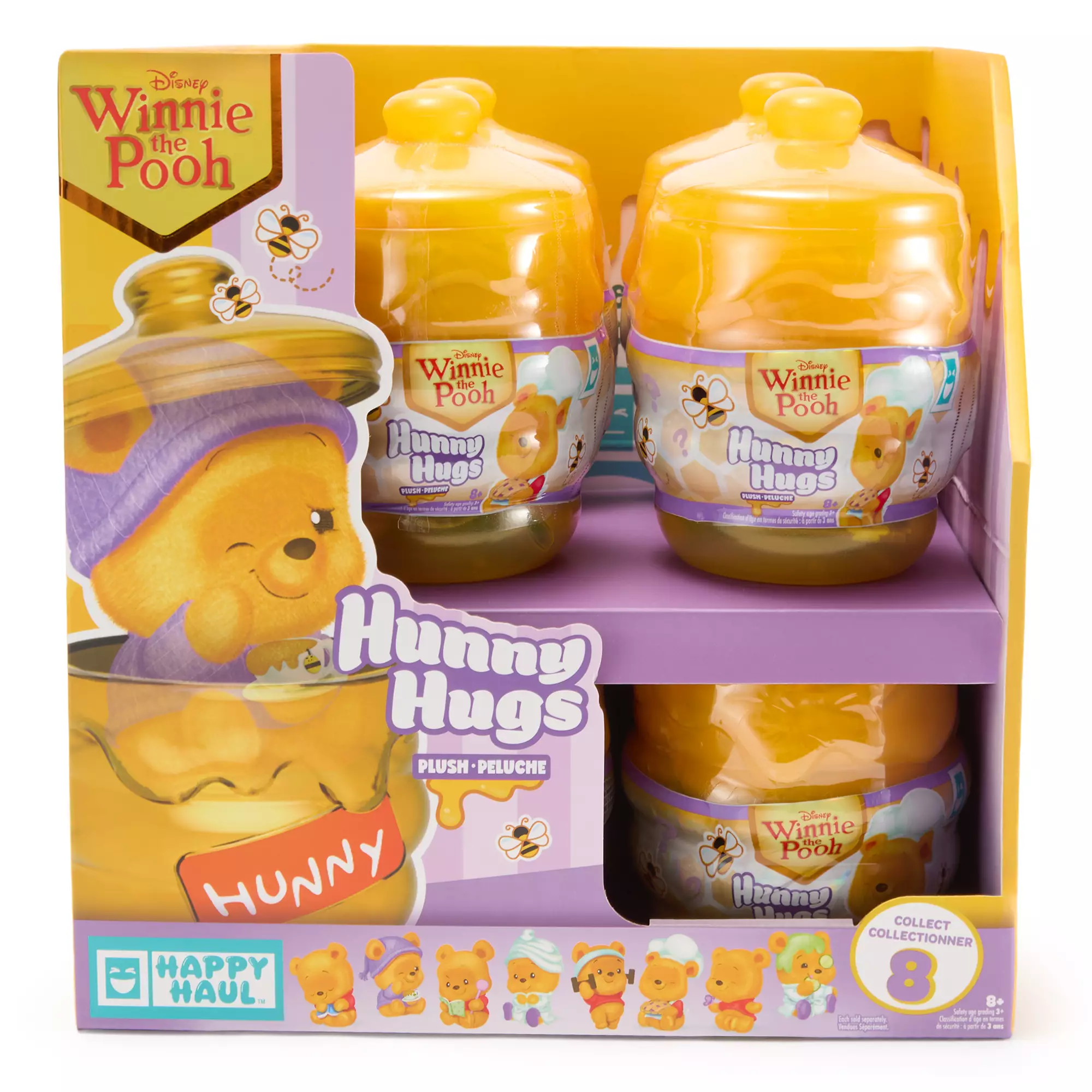 This set contains one mystery Winnie the Pooh plush in each blind box. The options include Winnie the Pooh baking, reading, journaling, drinking tea, dressed in a robe, holding a butterfly, exercising with weights, and eating cucumber slices while having a spa day. Each plush comes in a blind, plastic capsule shaped like a "hunny" pot.