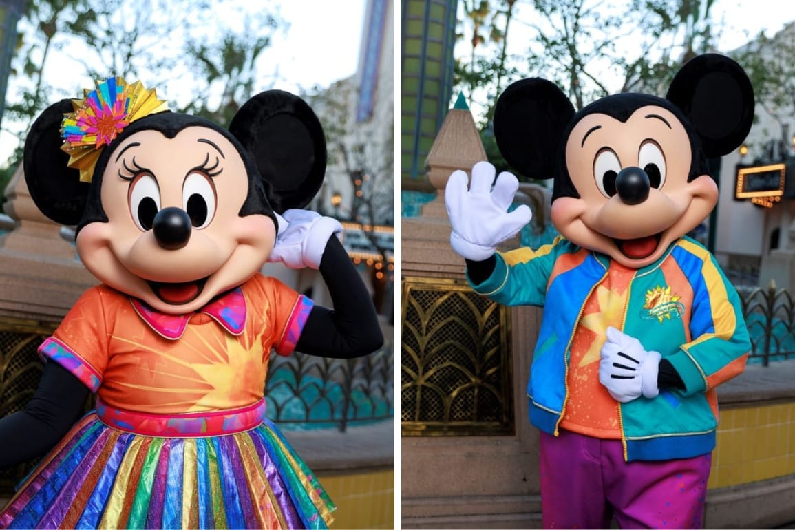 Mickey and Minnie in their colorful new Disney California Adventure 25th Anniversary outfits.
