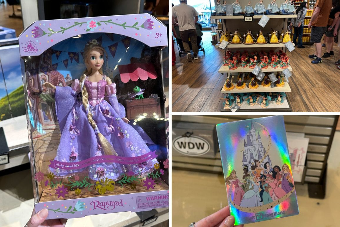 New Disney Princess merchandise now available at Disney Springs at Walt Disney World, including figures, dolls, and postcards.