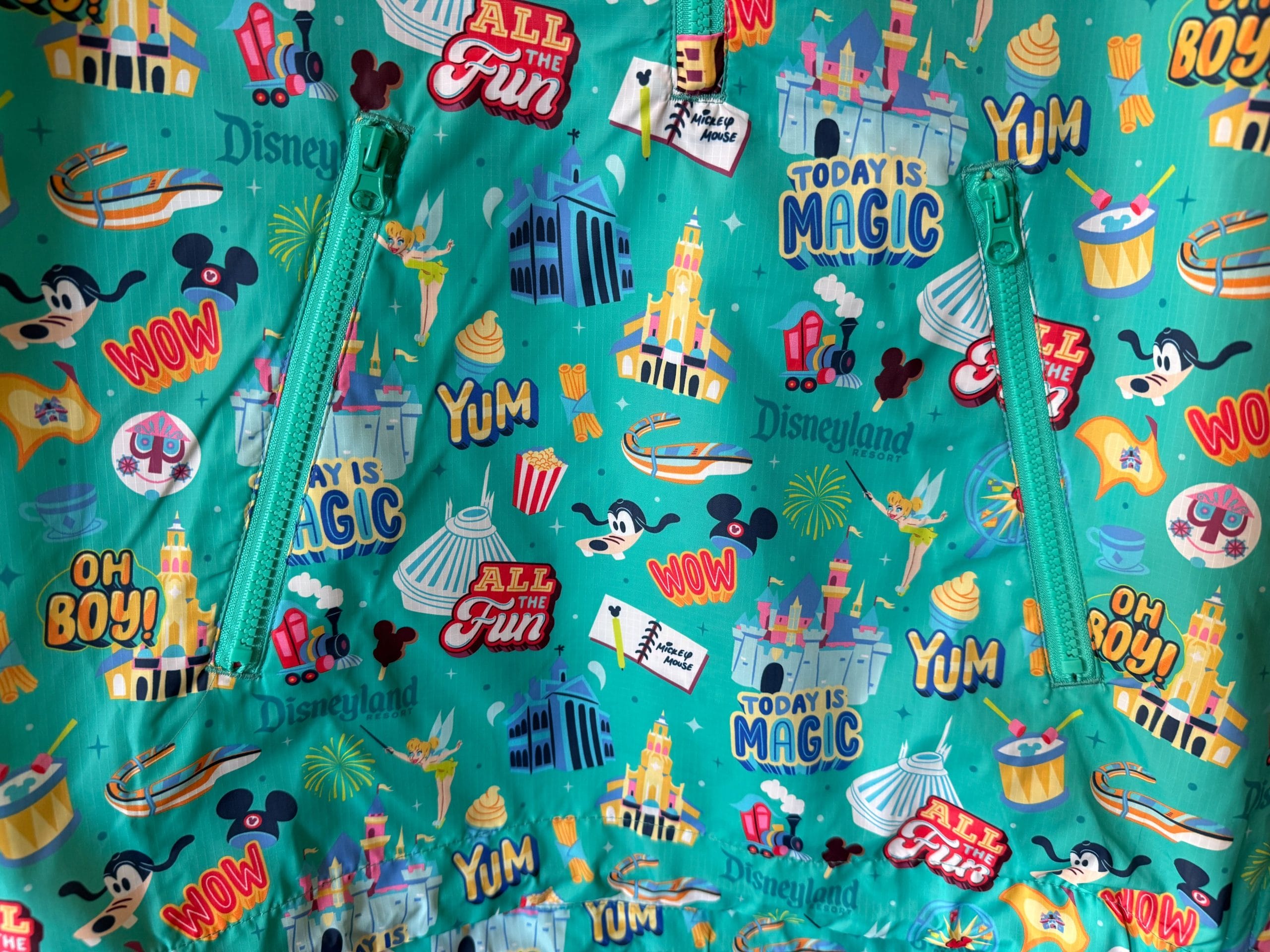 It's patterned with Disneyland Resort buildings like Sleeping Beauty Castle, Space Mountain, The Haunted Mansion, Carthay Circle Restaurant, and Pixar Pal-A-Round. Other icons include ear hats, DOLE Whip, the "it's a small world" clock face, the Monorail, and Mickey bars. The print includes phrases like "All the Fun," "Today is Magic," and "Oh Boy!"