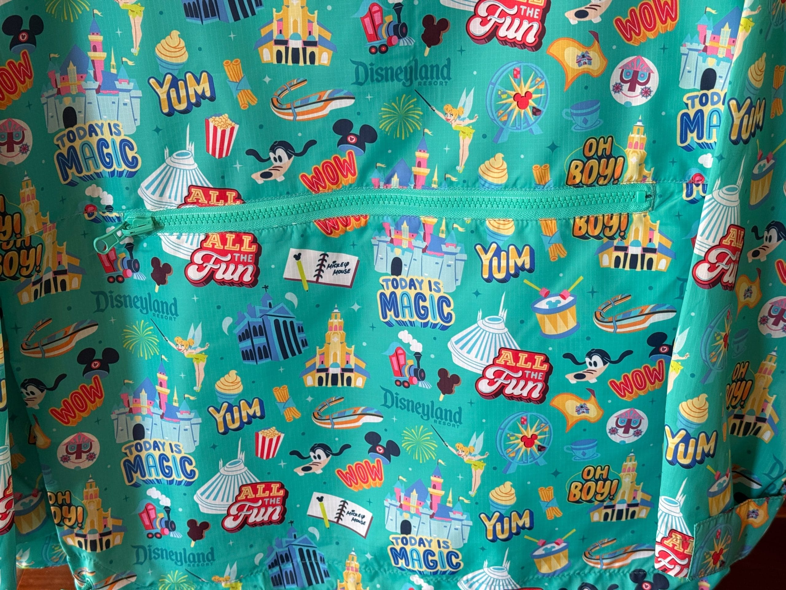 It's patterned with Disneyland Resort buildings like Sleeping Beauty Castle, Space Mountain, The Haunted Mansion, Carthay Circle Restaurant, and Pixar Pal-A-Round. Other icons include ear hats, DOLE Whip, the "it's a small world" clock face, the Monorail, and Mickey bars. The print includes phrases like "All the Fun," "Today is Magic," and "Oh Boy!"