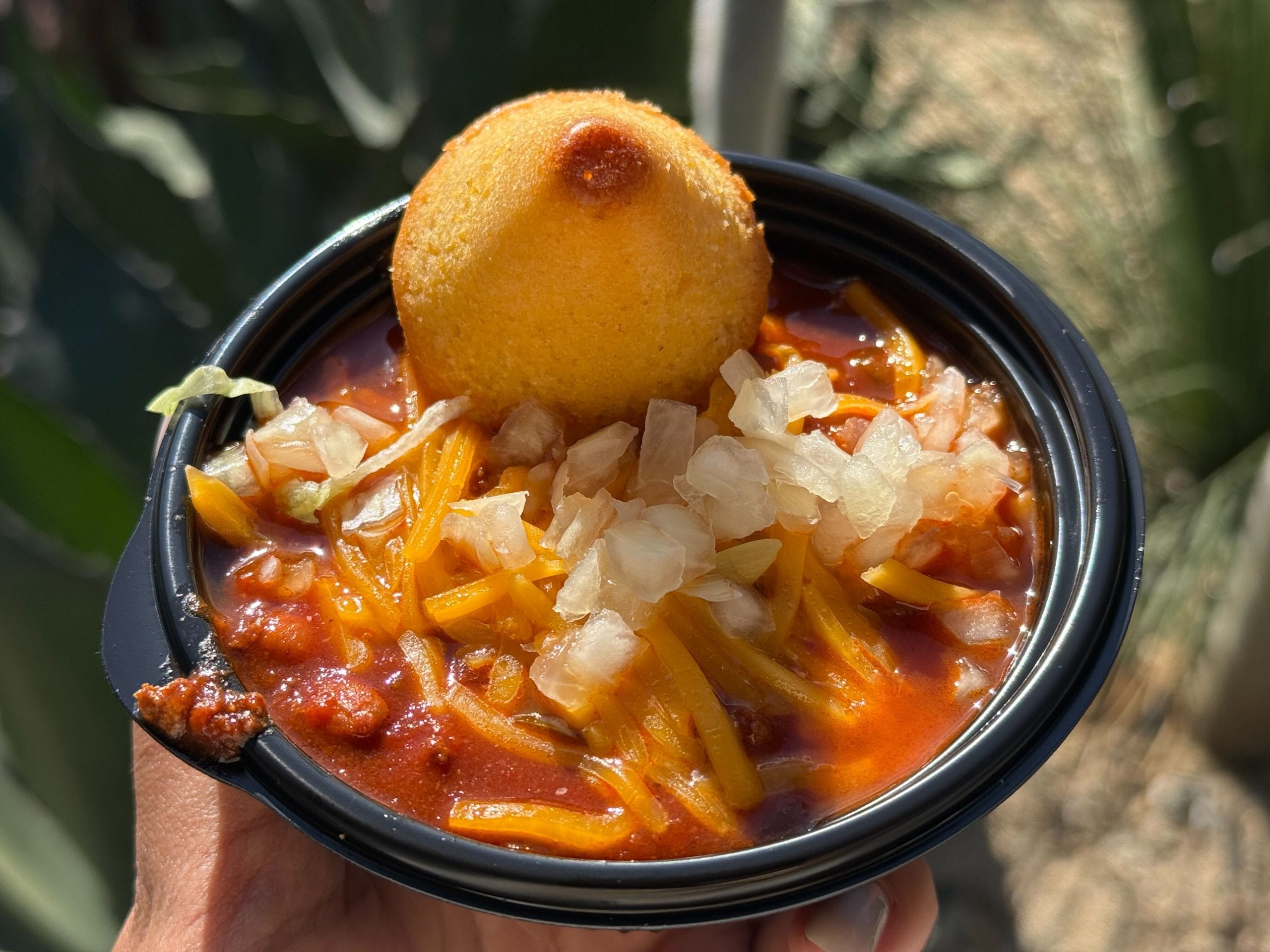Hearty chili with cheddar cheese, diced onions, and cone-shaped cornbread