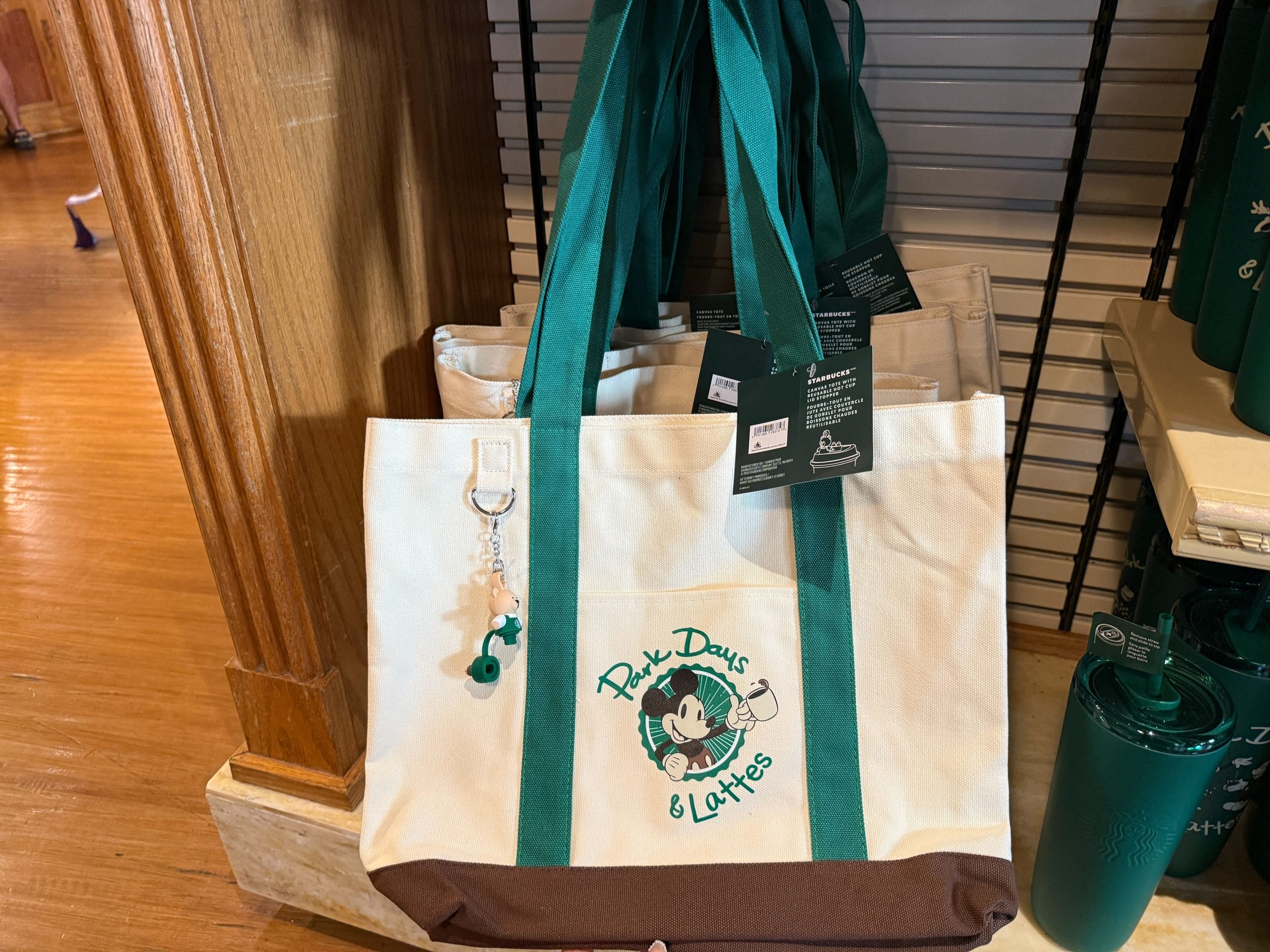 This collection also comes with a fabric tote bag in white with brown and green detailing. It features the same Mickey image as the last tumbler in the collection.