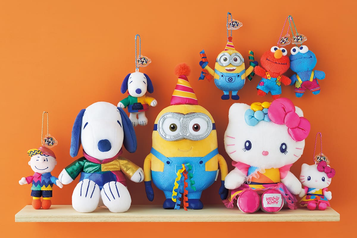 Peanuts, Minions, Sanrio, and Sesame Street merchandise for the 25th anniversary of Universal Studios Japan.