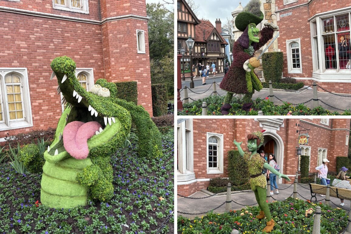 Peter Pan, Captain Hook, and Tick-Tock the Crocodile Topiaries Added to the 2026 EPCOT Flower and Garden Festival.