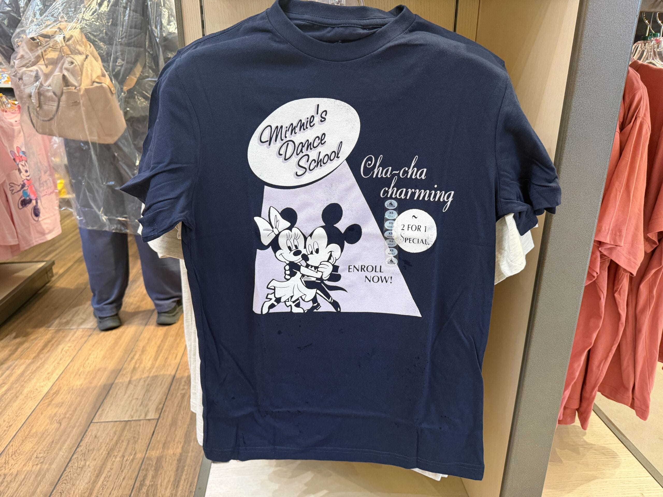 Navy t-shirt with "Minnie's Dance School" graphic featuring Mickey and Minnie dancing