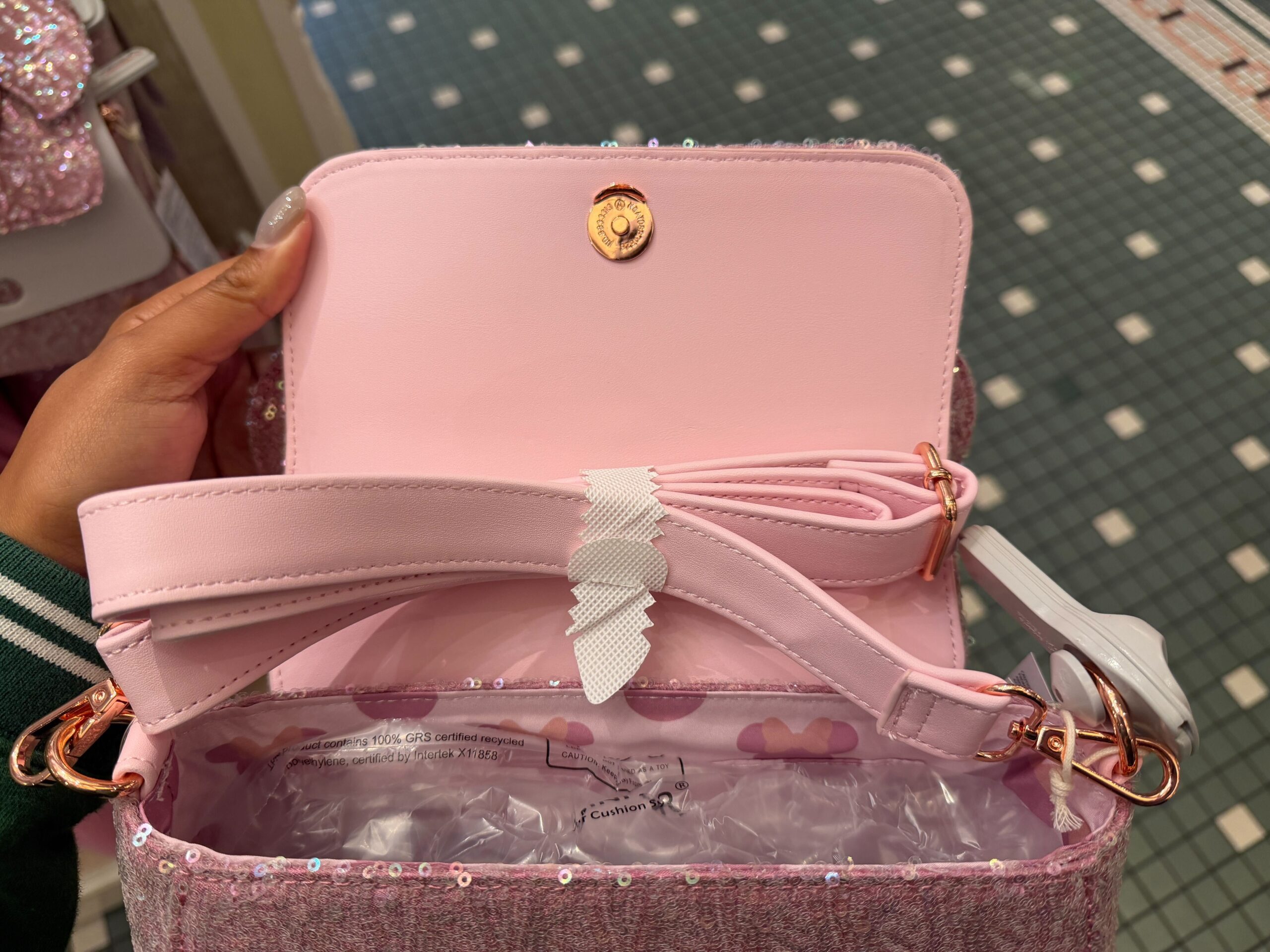 Pink Sequined Minnie Loungefly Purse at Disneyland