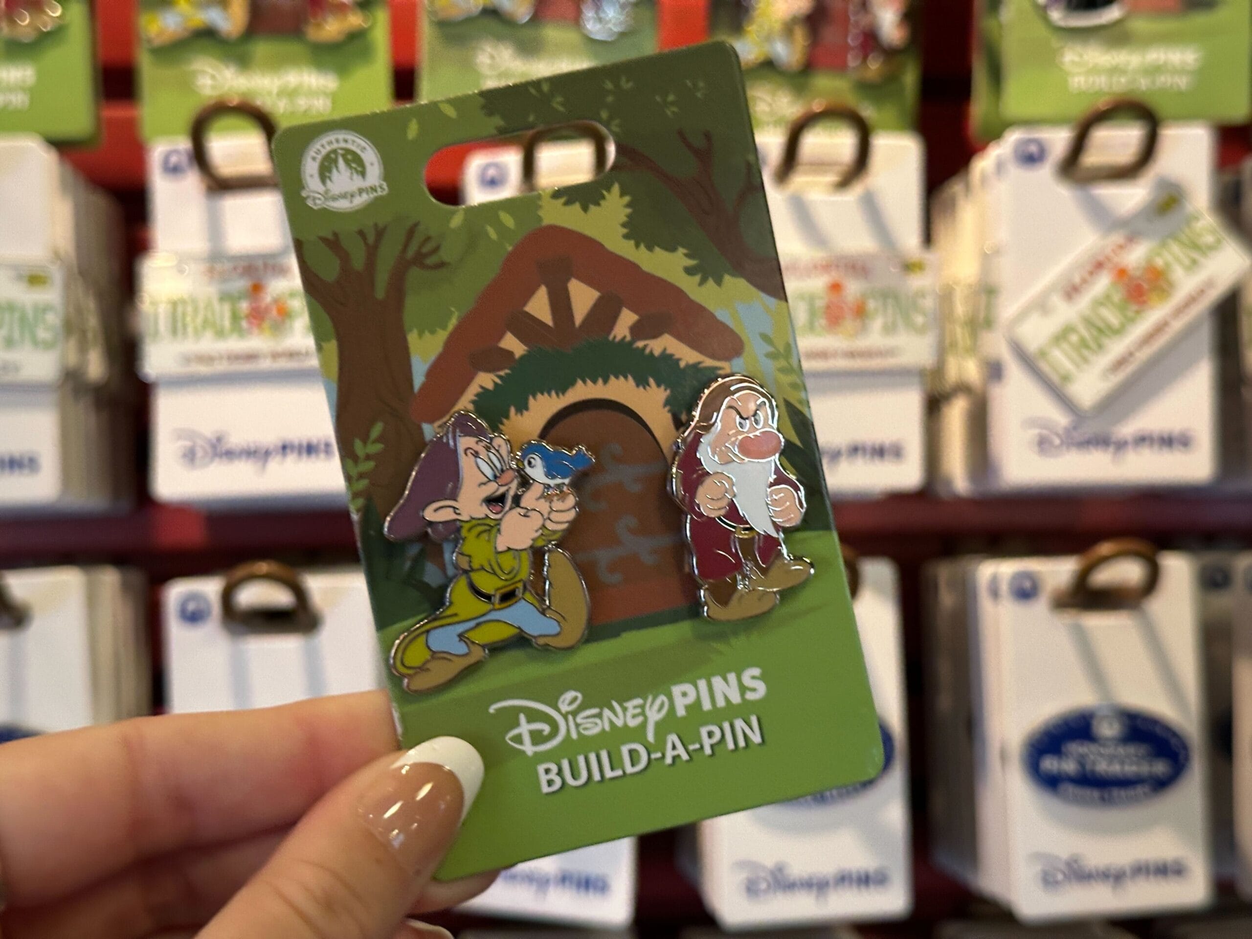 This is a two-pin set of Grumpy and Dopey holding a bluebird. They can be attached to a base pin (such as the cabin image shown behind them), but this set does not come with the base.