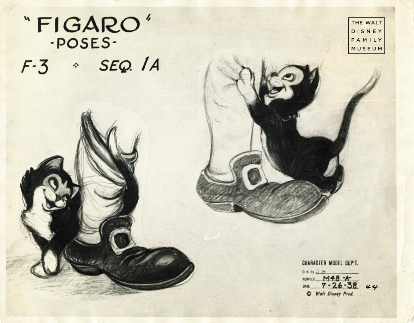 Figaro the tuxedo cat art from Disney's Pinocchio, posted by the Walt Disney Family Museum.